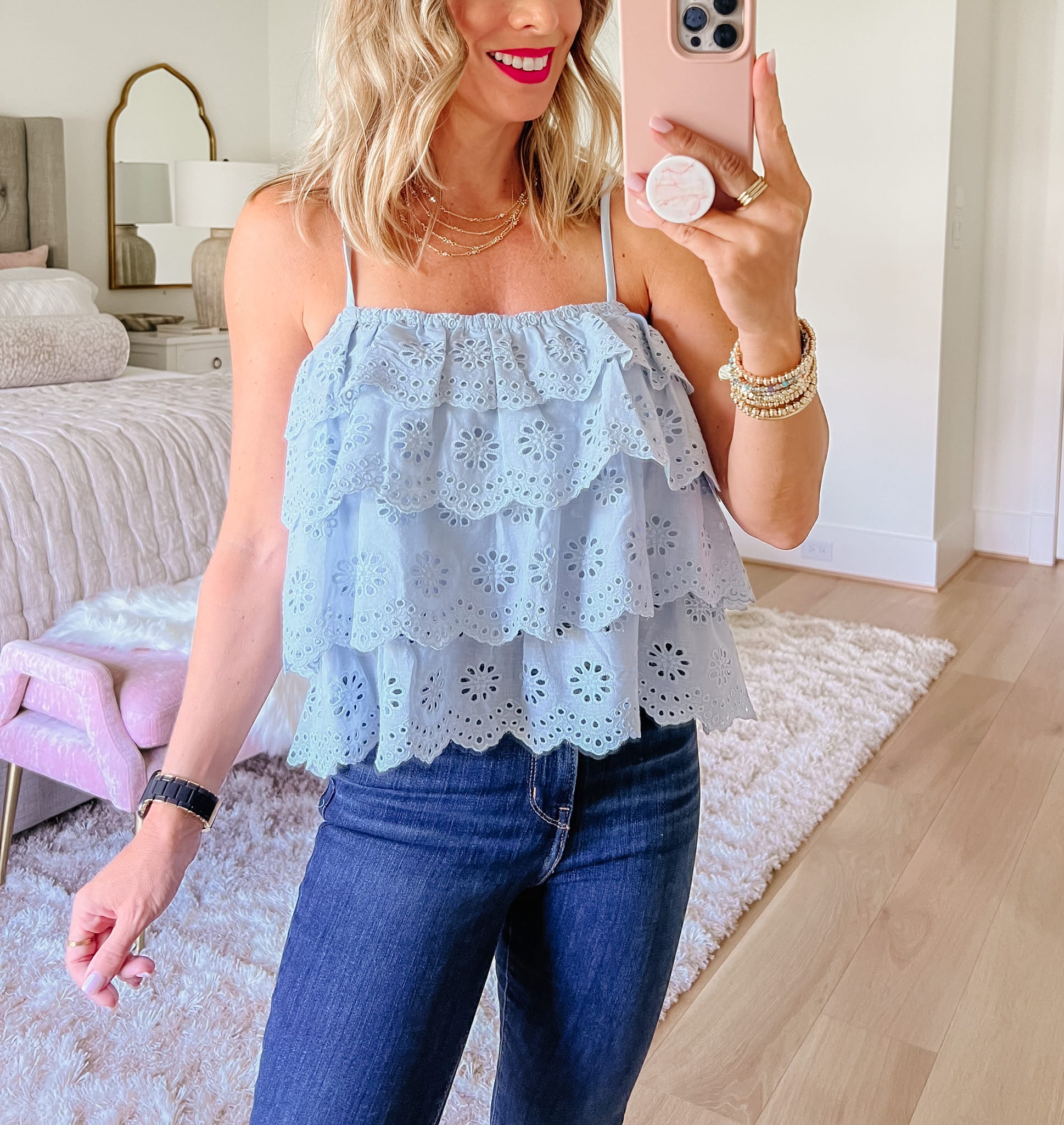 Tiered Eyelet Top, Jeans, Sandals 
