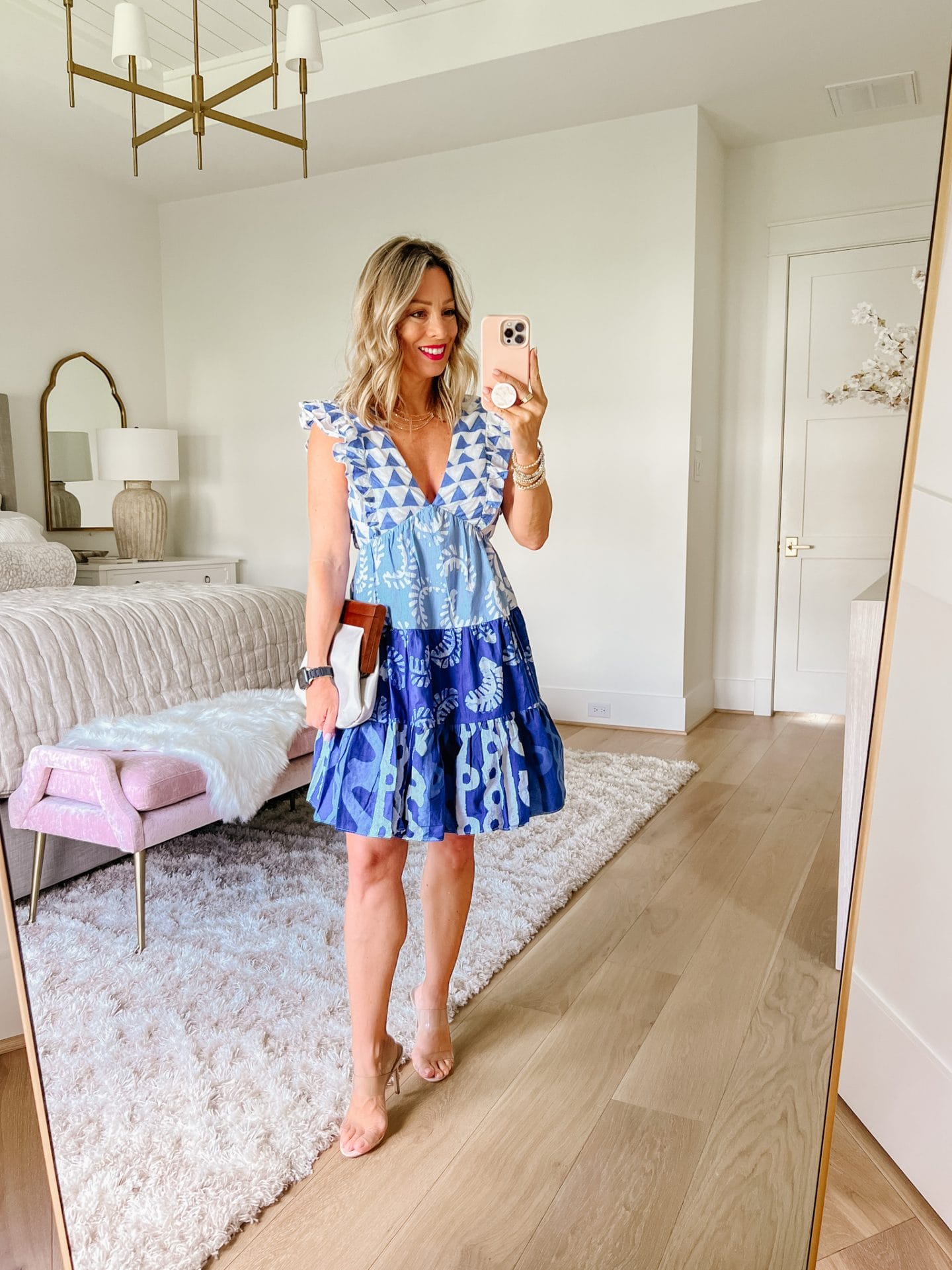 Blue and White Mix pattern Mini Dress, Sandals, Clutch 