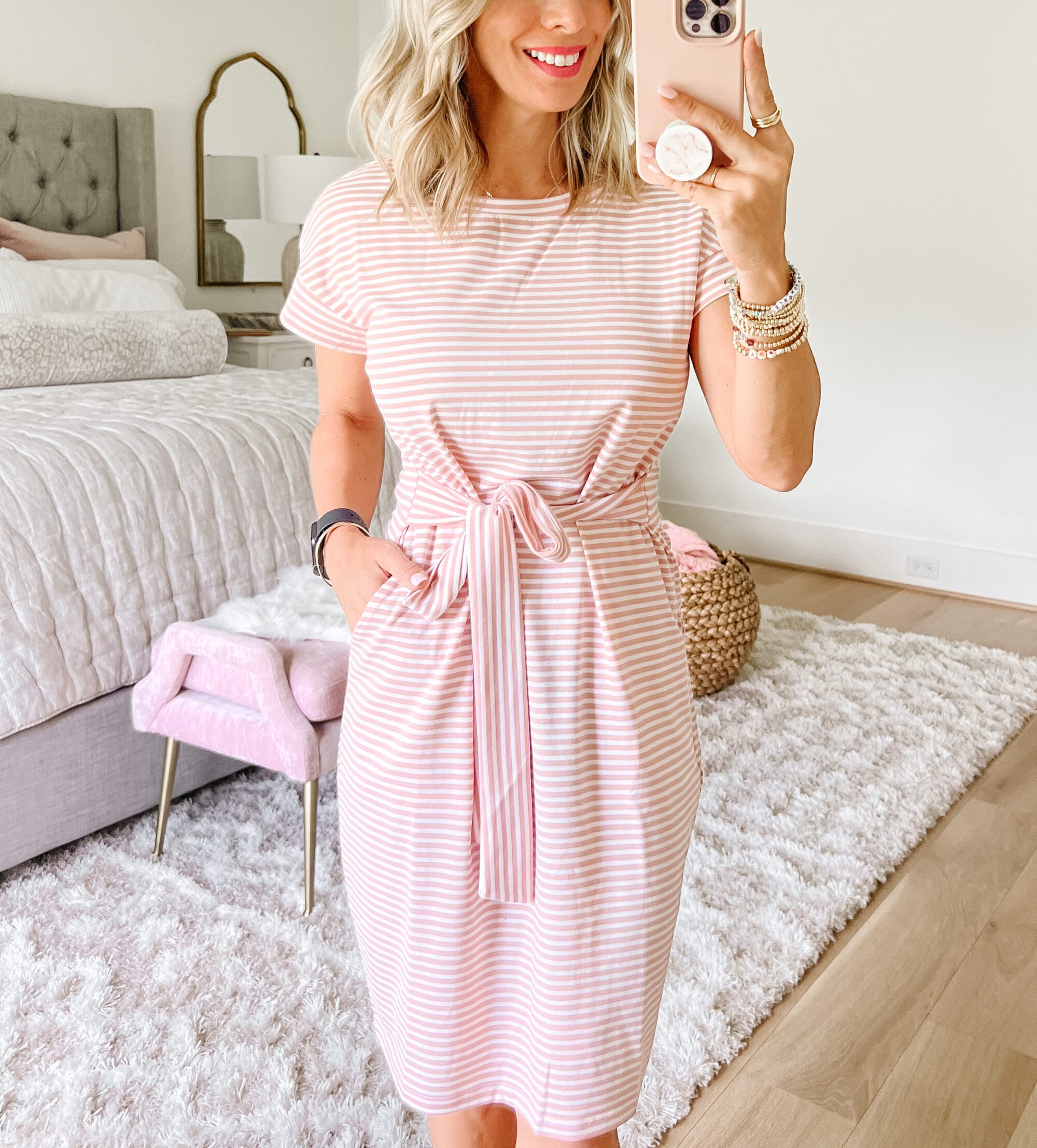 Pink Striped Tie Waist dress and Mules 