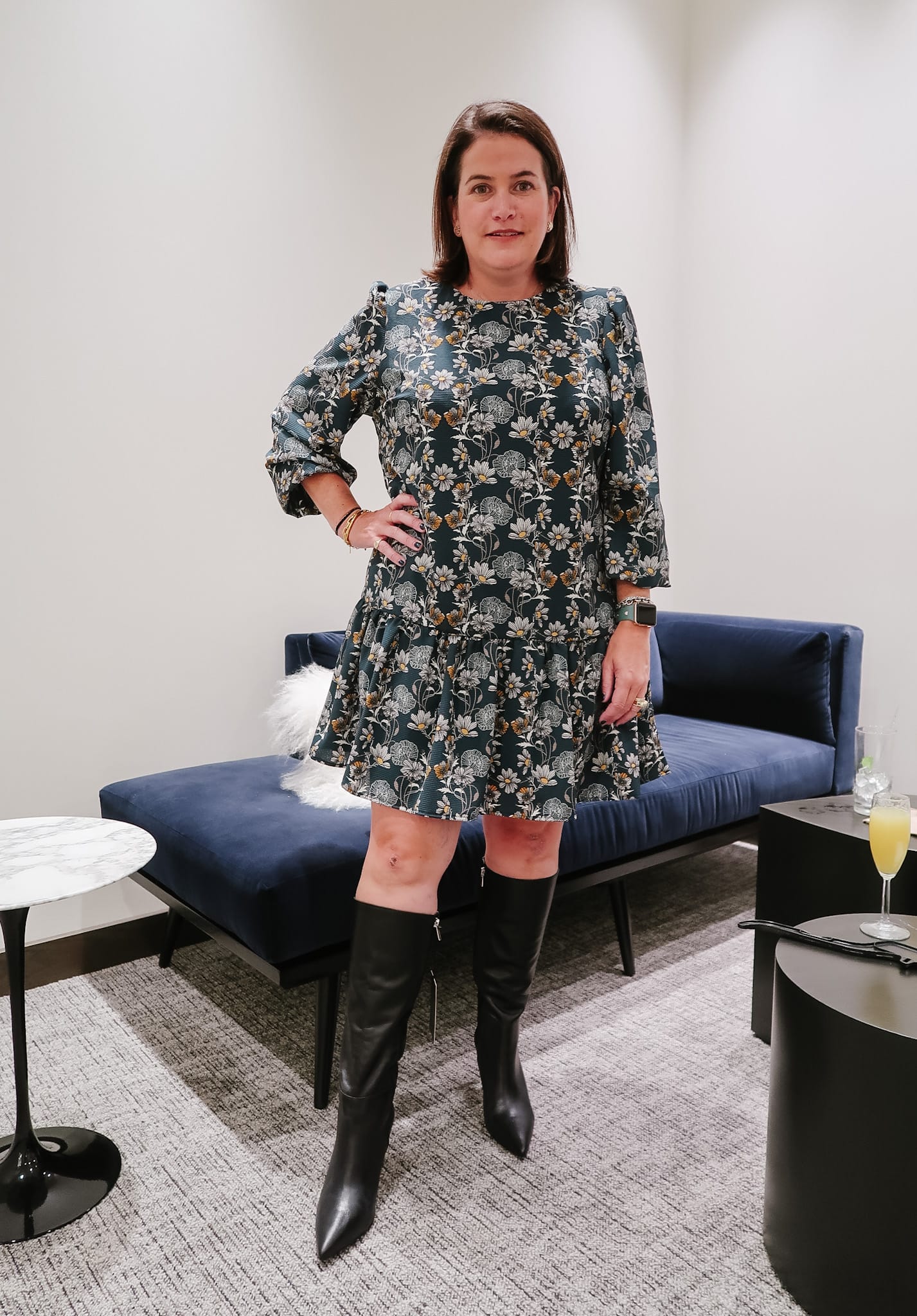 Nordstrom Anniversary Sale, Floral Print Long Sleeve Drop Waist Minidress, knee-high black pointed boots, fall outfit