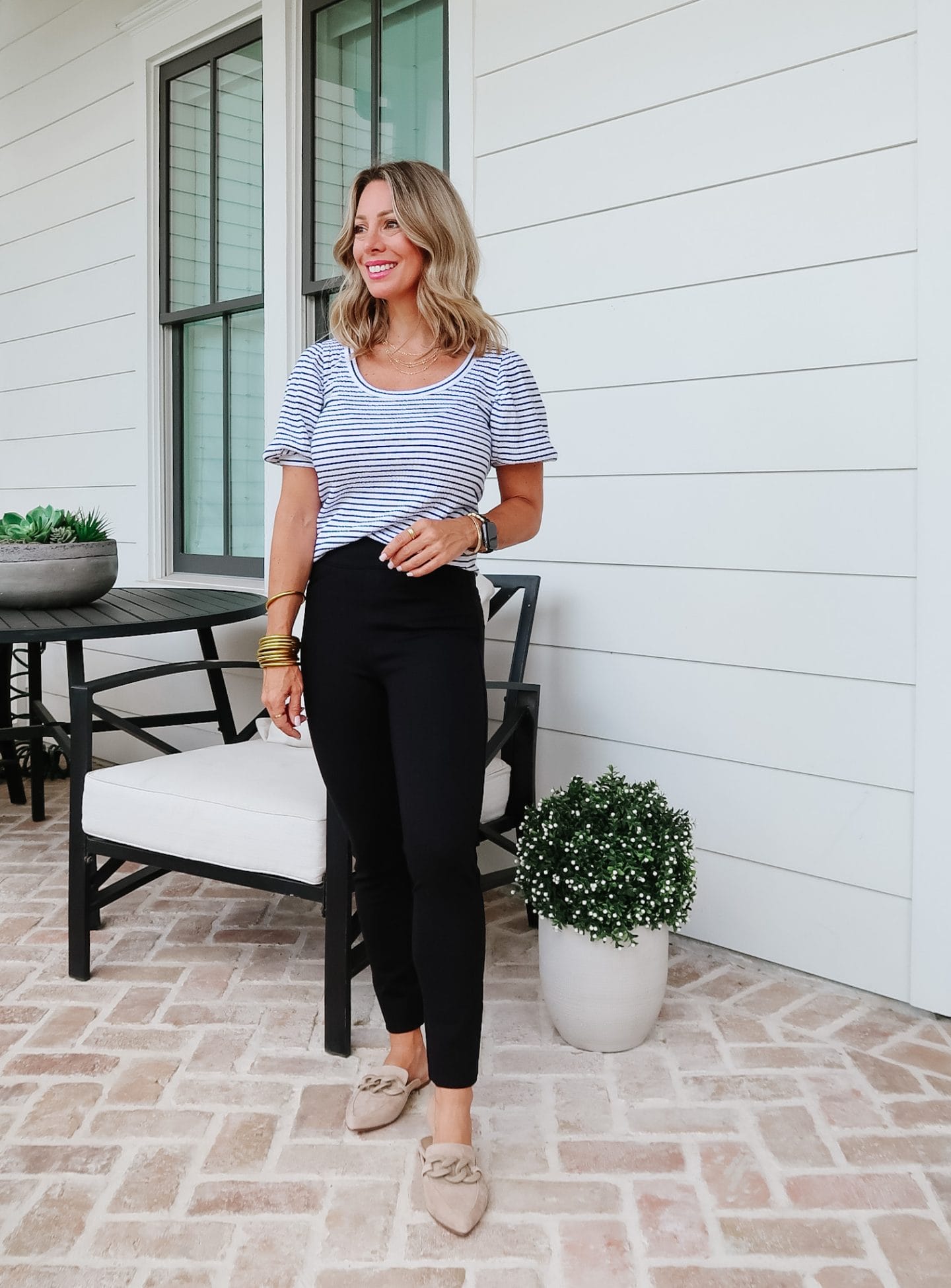 Striped Top,Spanx Pants, Mules