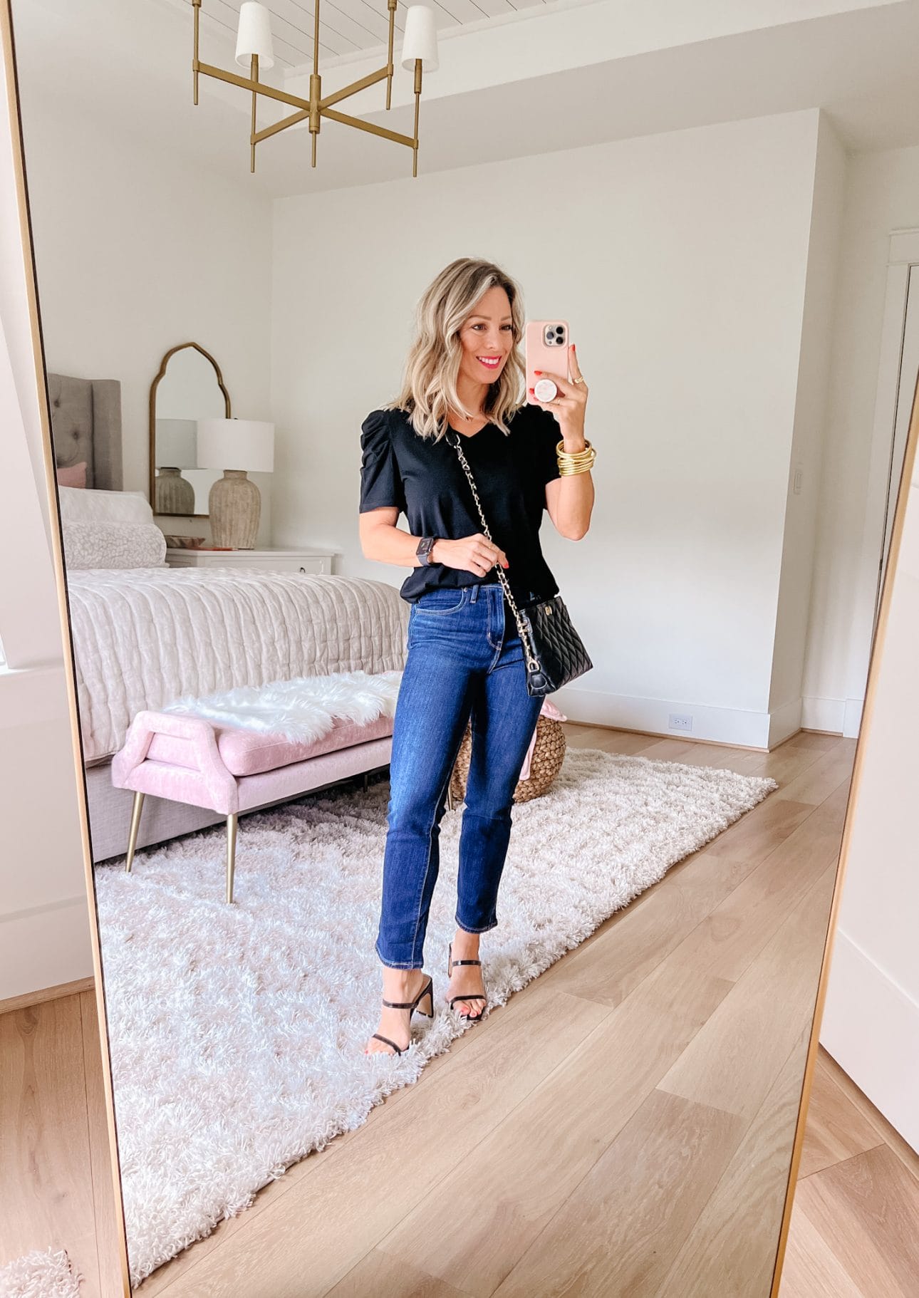 Puff Sleeve Top, Jeans, Sandals 