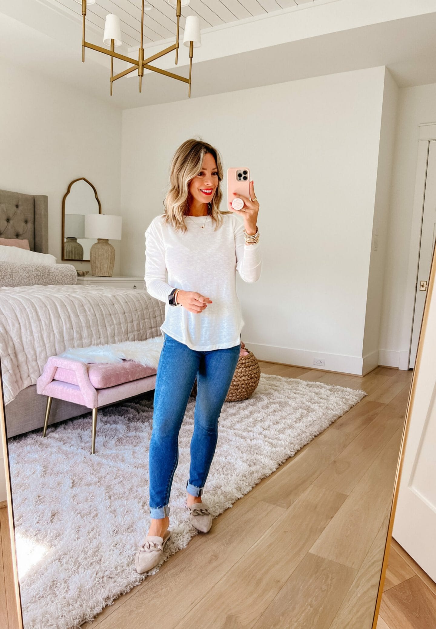 White Boatneck Tee, Jeans, Mules 