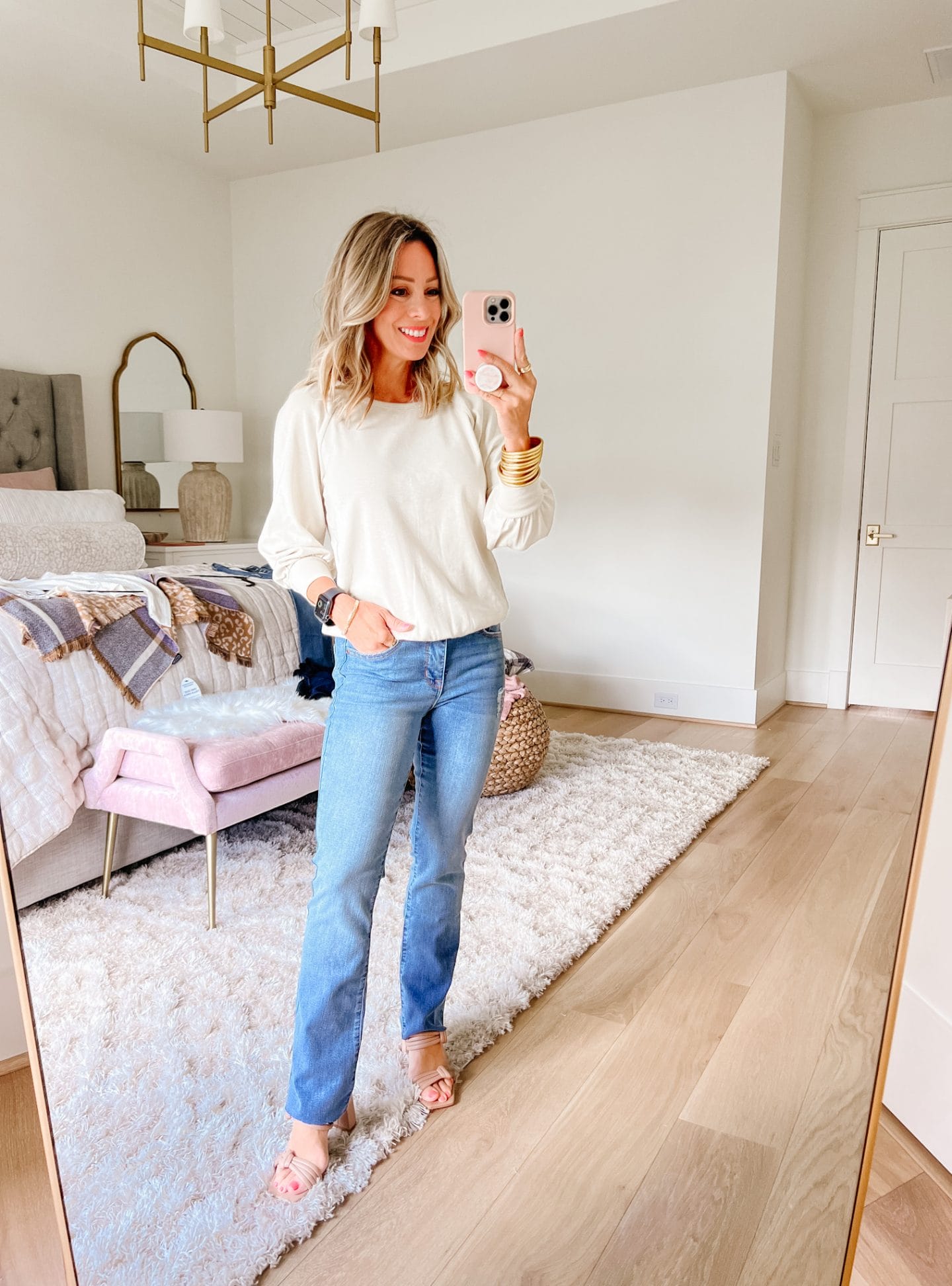 Puff Sleeve Long Sleeve top in Cream, Jeans, Sandals 