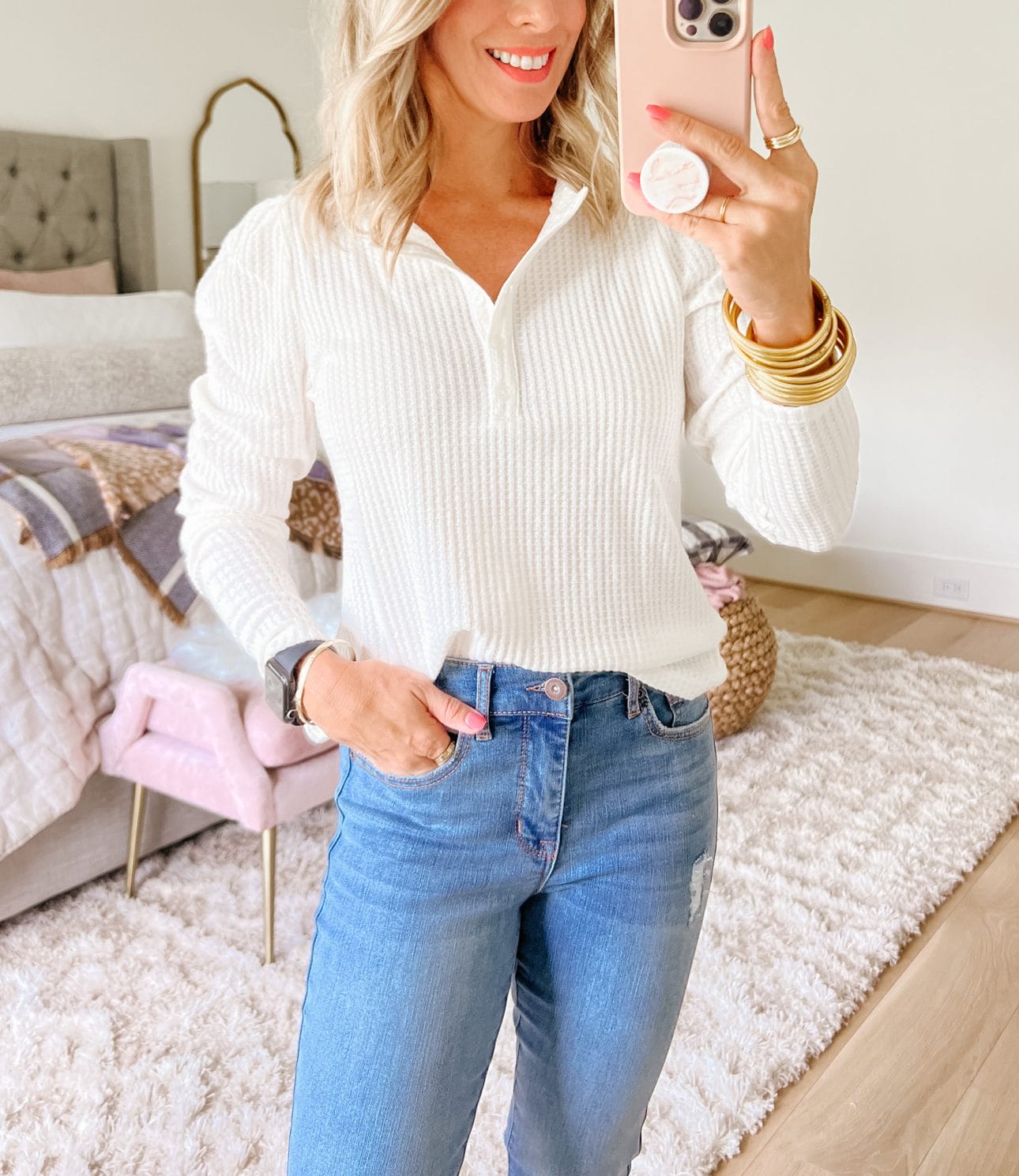 Waffle Knit Top, Jeans, Wedges 