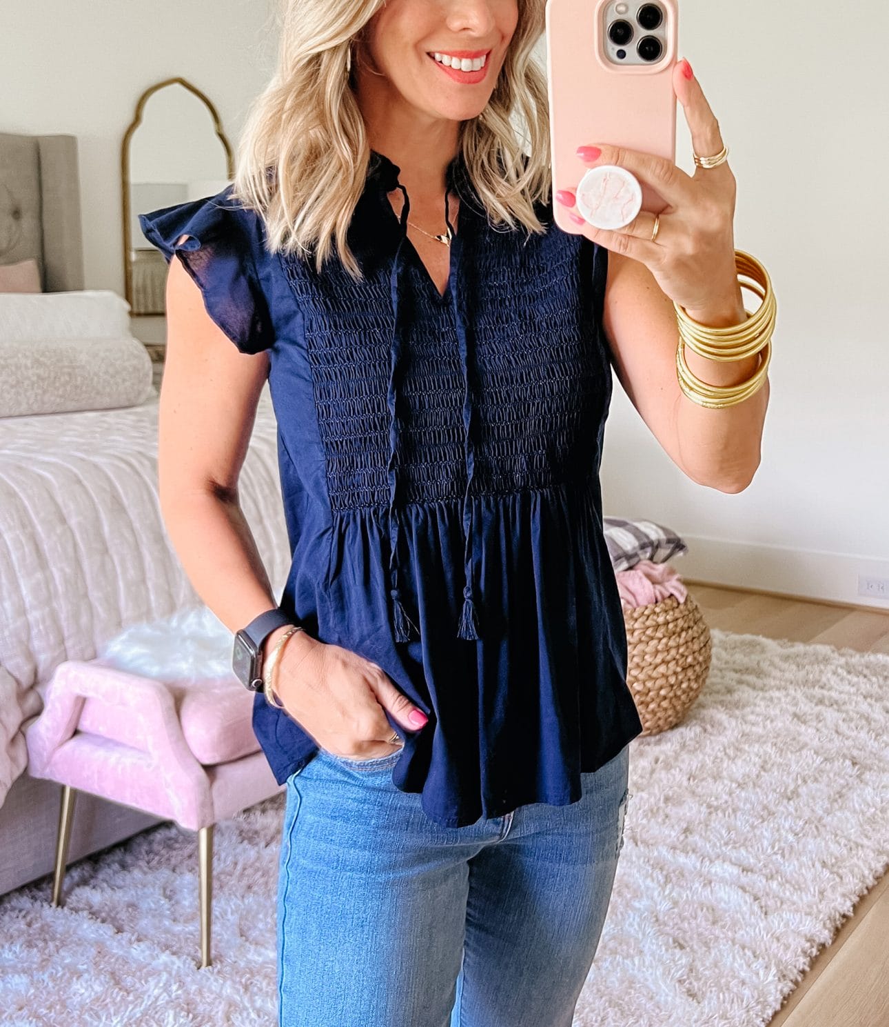 Smocked Peplum style navy top, jeans, Sandals 