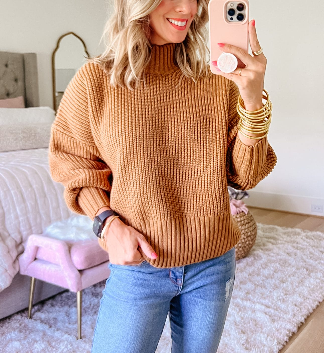 Camel colored Sweater, Jeans, Wedges 