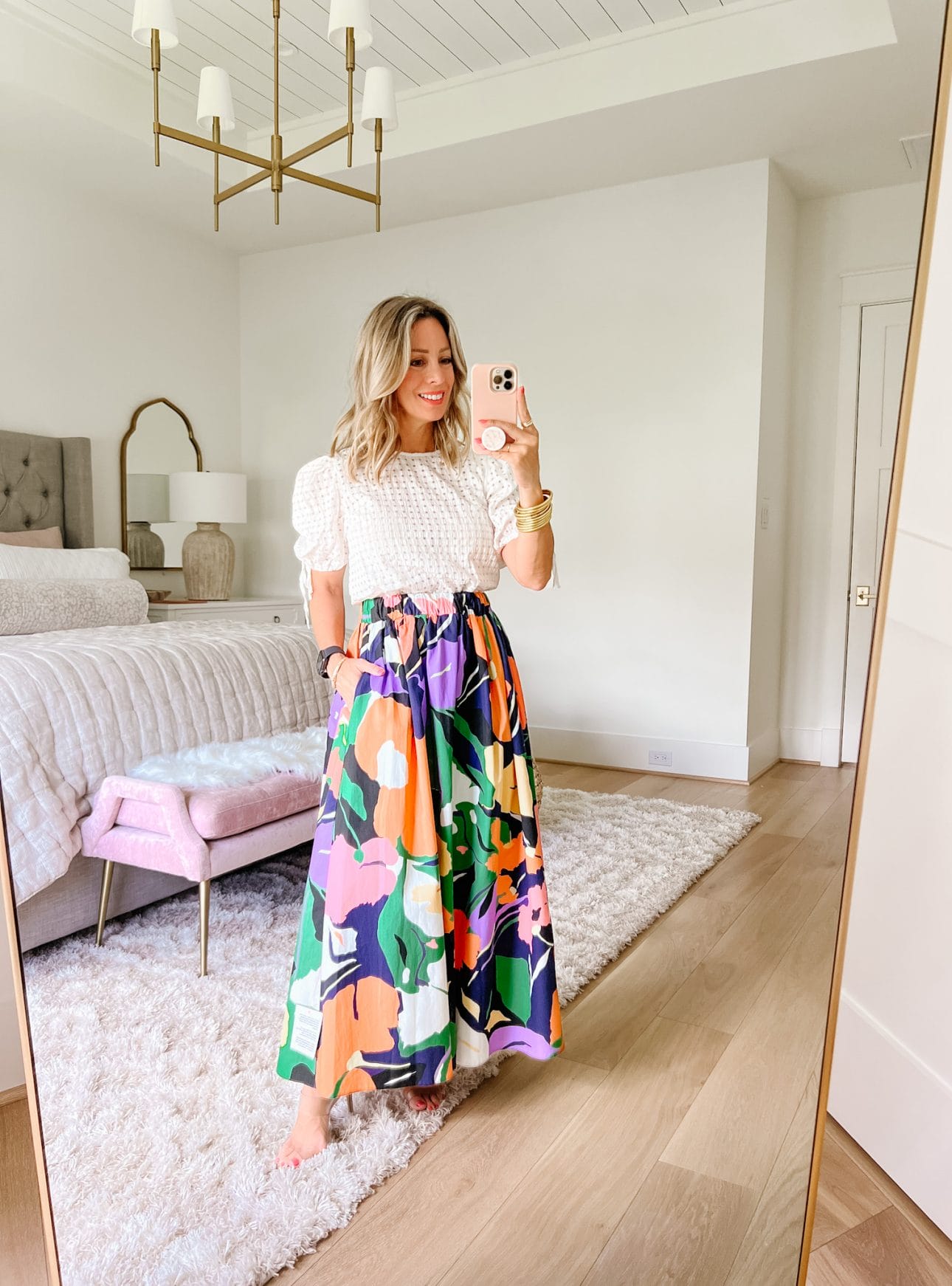 White Puff Sleeve Top, Floral Maxi Skirt, Clear Heels. 