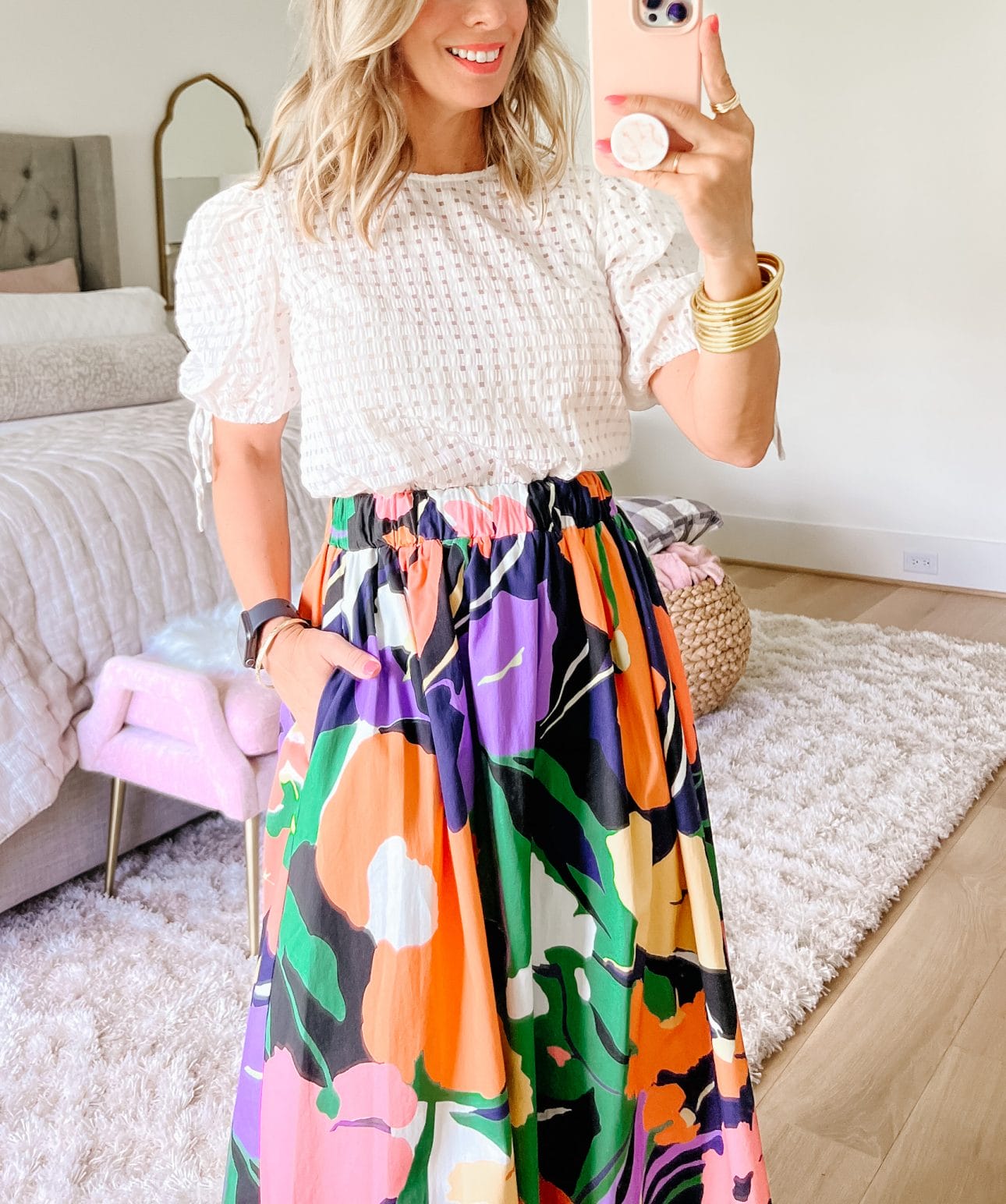 White Puff Sleeve Top, Floral Maxi Skirt, Clear Heels. 
