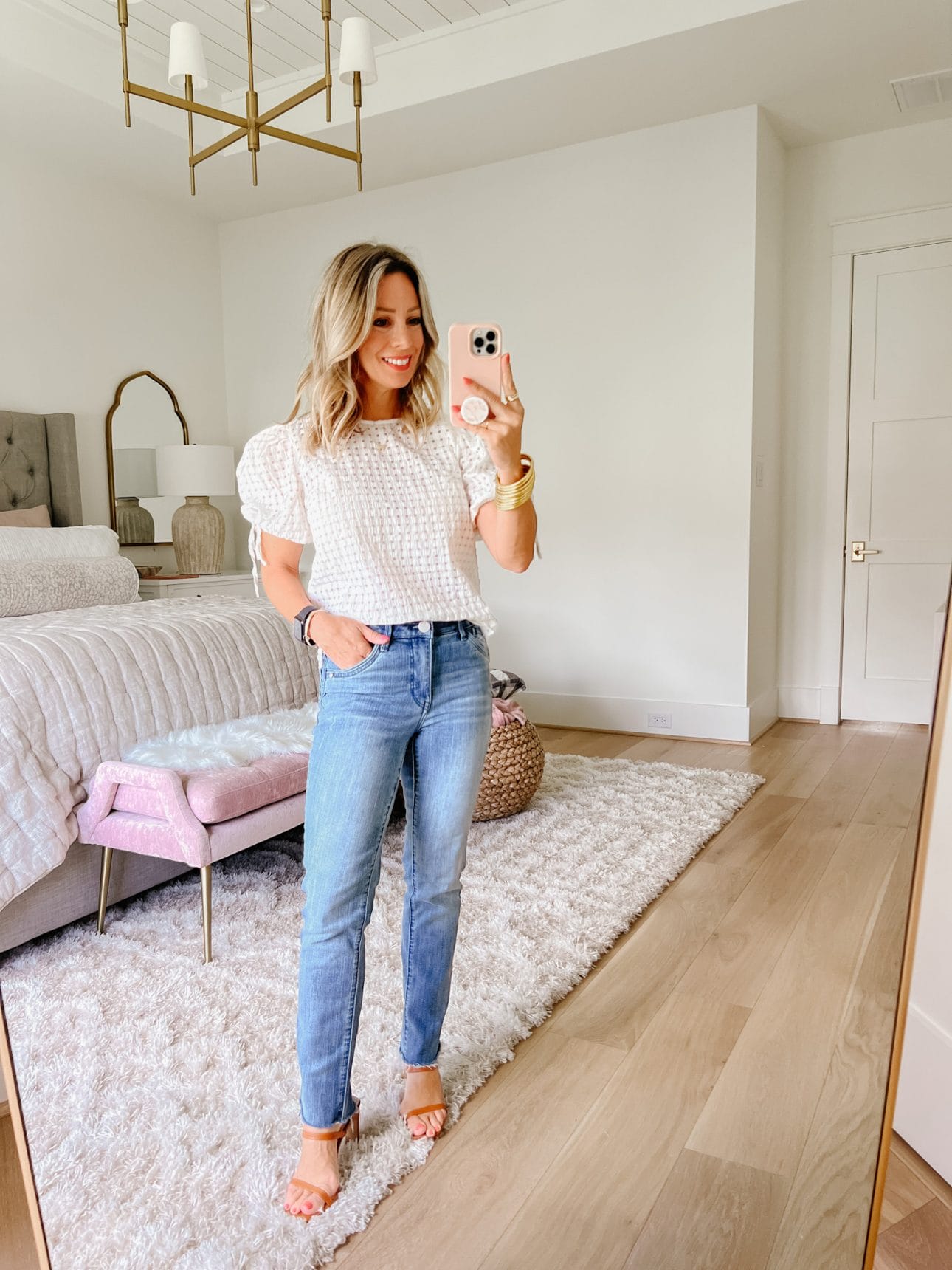 Puff Sleeve White Top, Jeans, Sandals 
