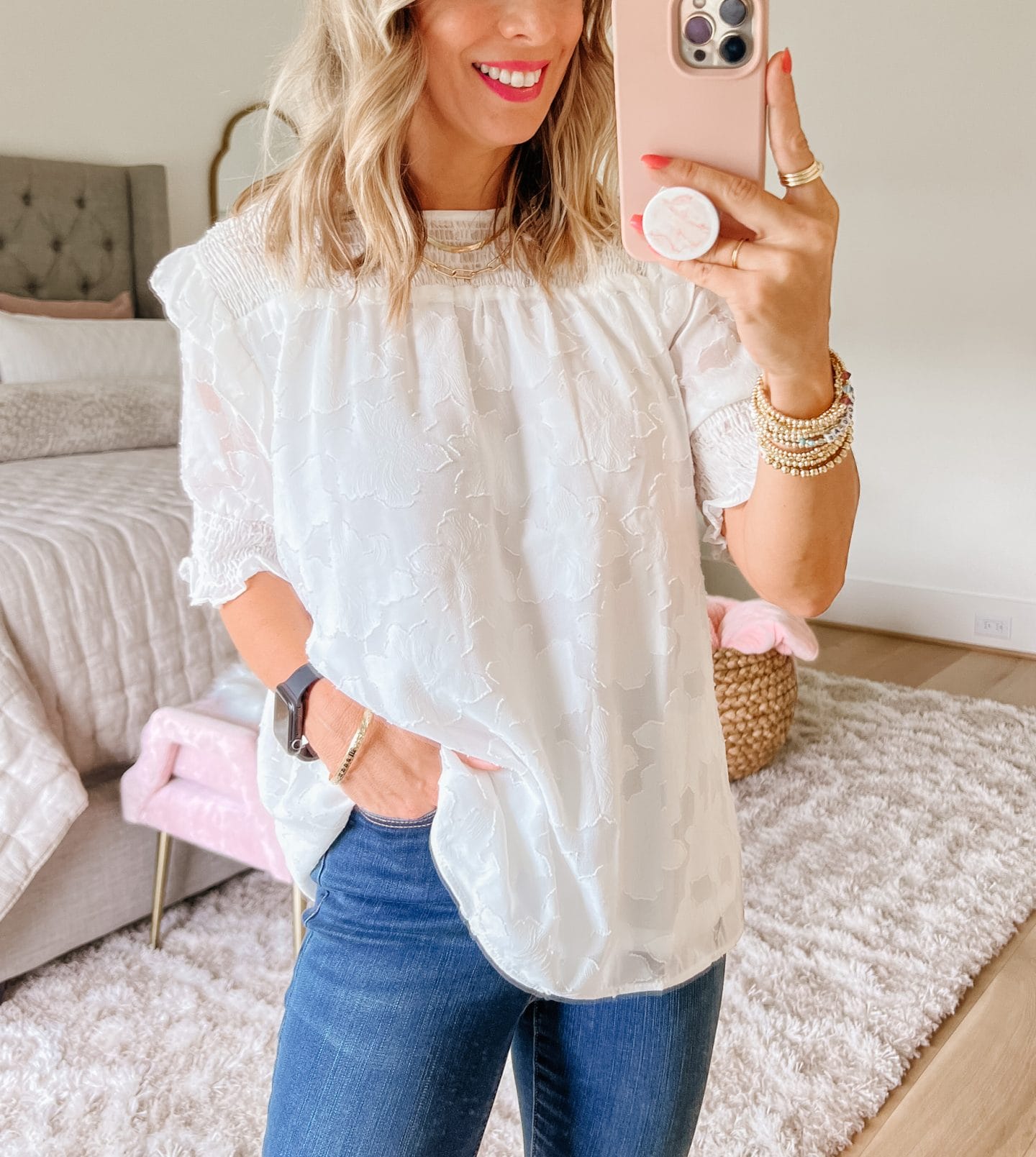 White Lace Shell Top, Jeans, Sandals 