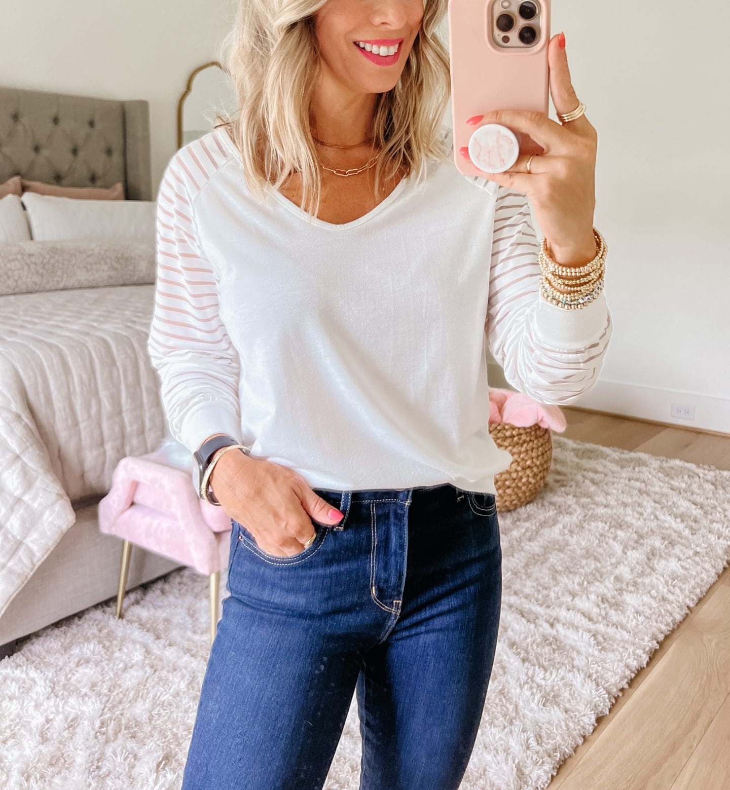 Mesh Striped Sleeve Top, Jeans, Booties 