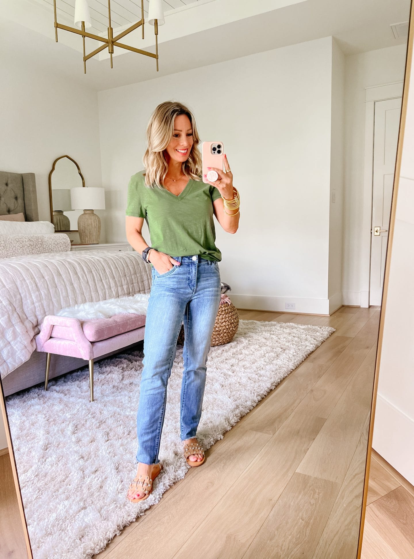 Green Tee, Jeans, Studded Sandals 