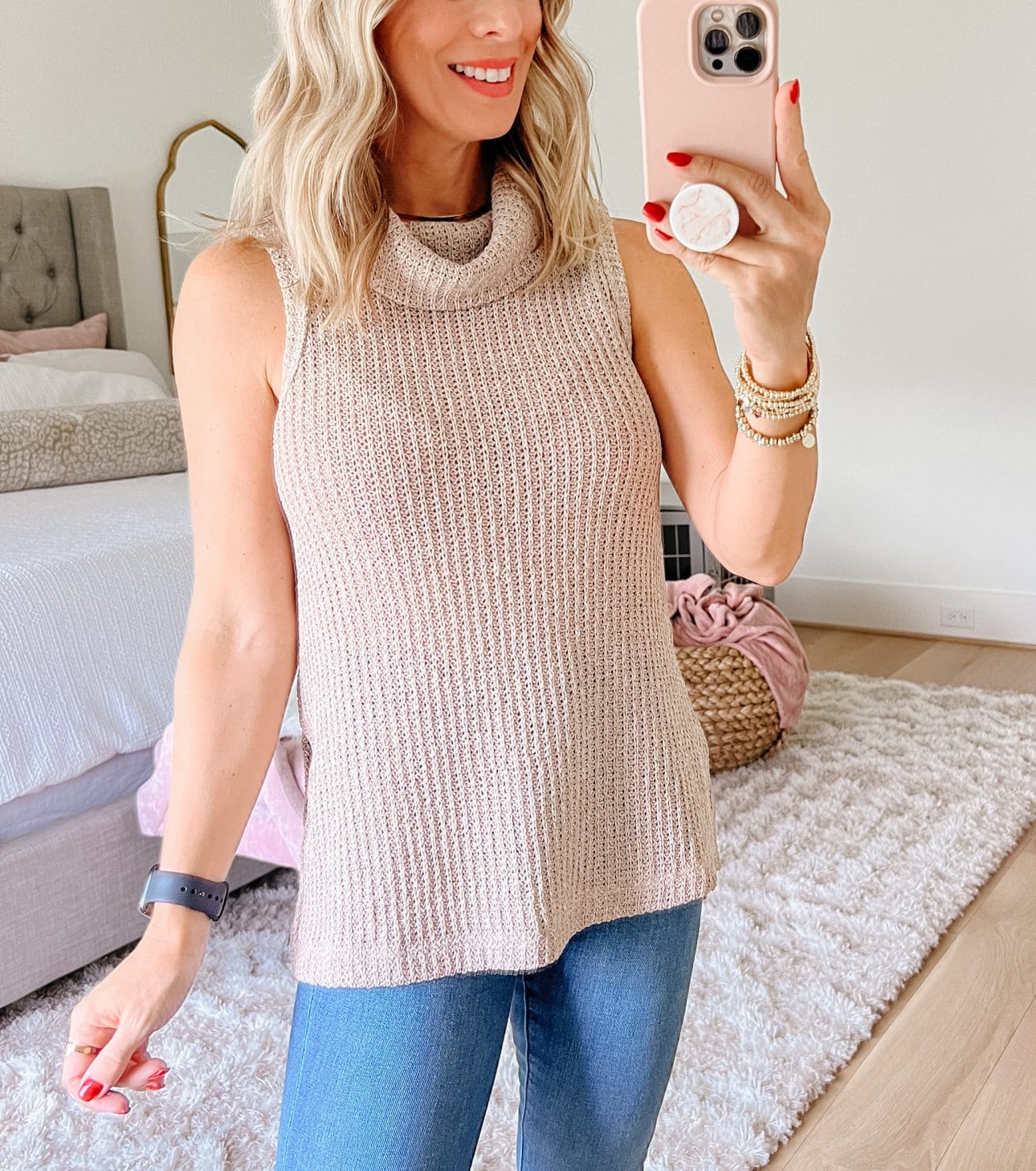 Roll Neck Sweater Tank, jeans, Booties 