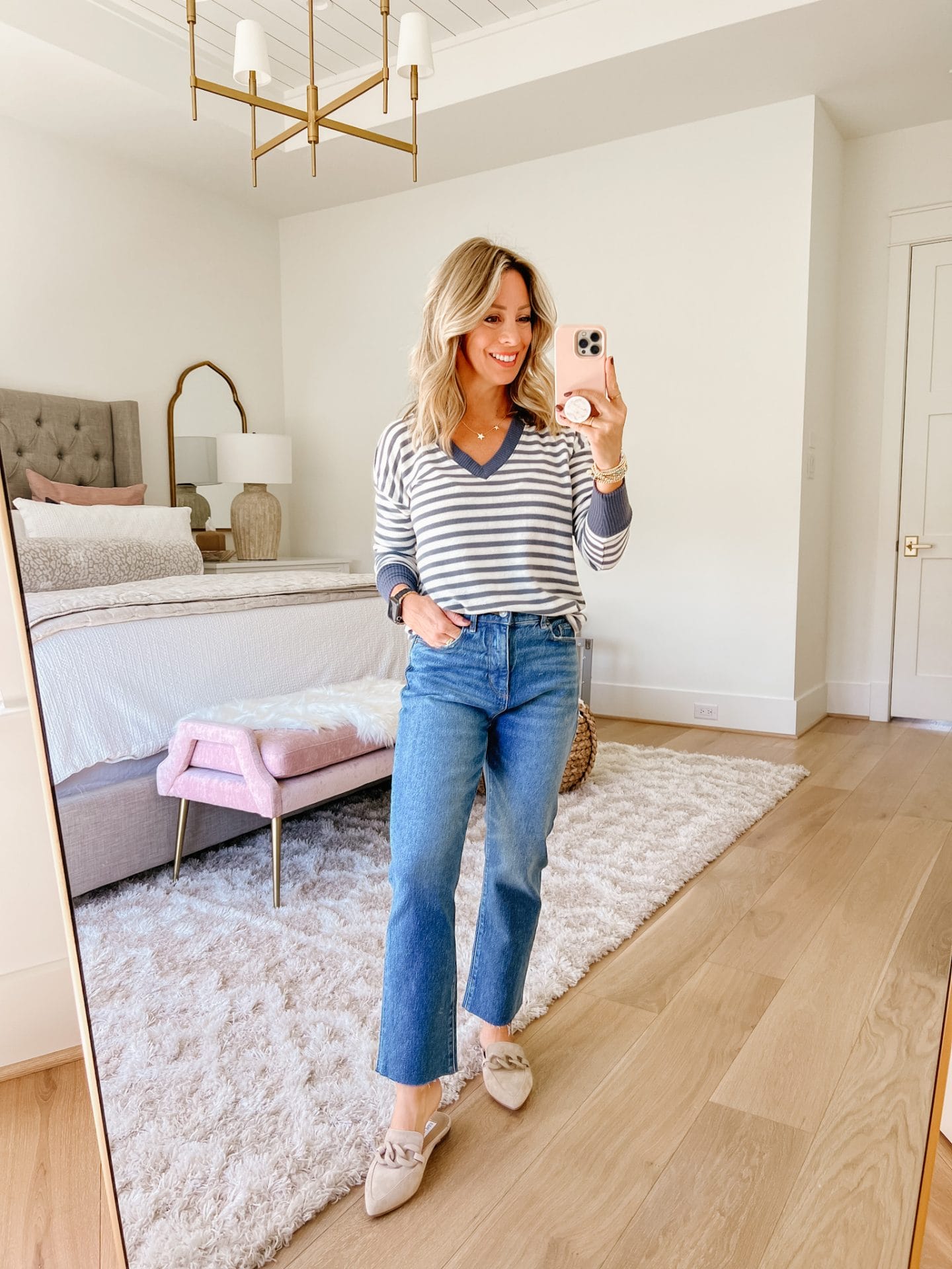 Striped V Neck Sweater, Jeans, Mules 