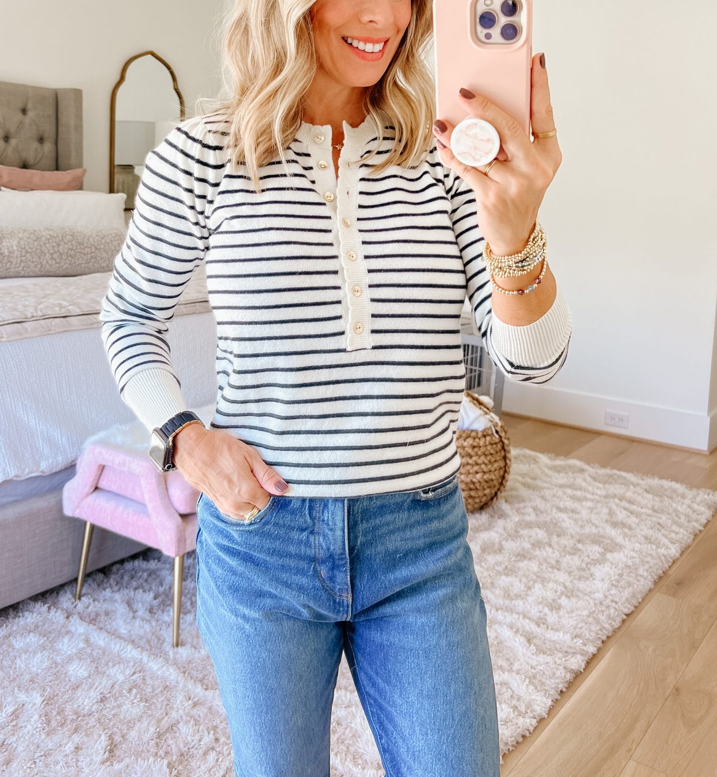 Striped Henley Top, Jeans, Wedges