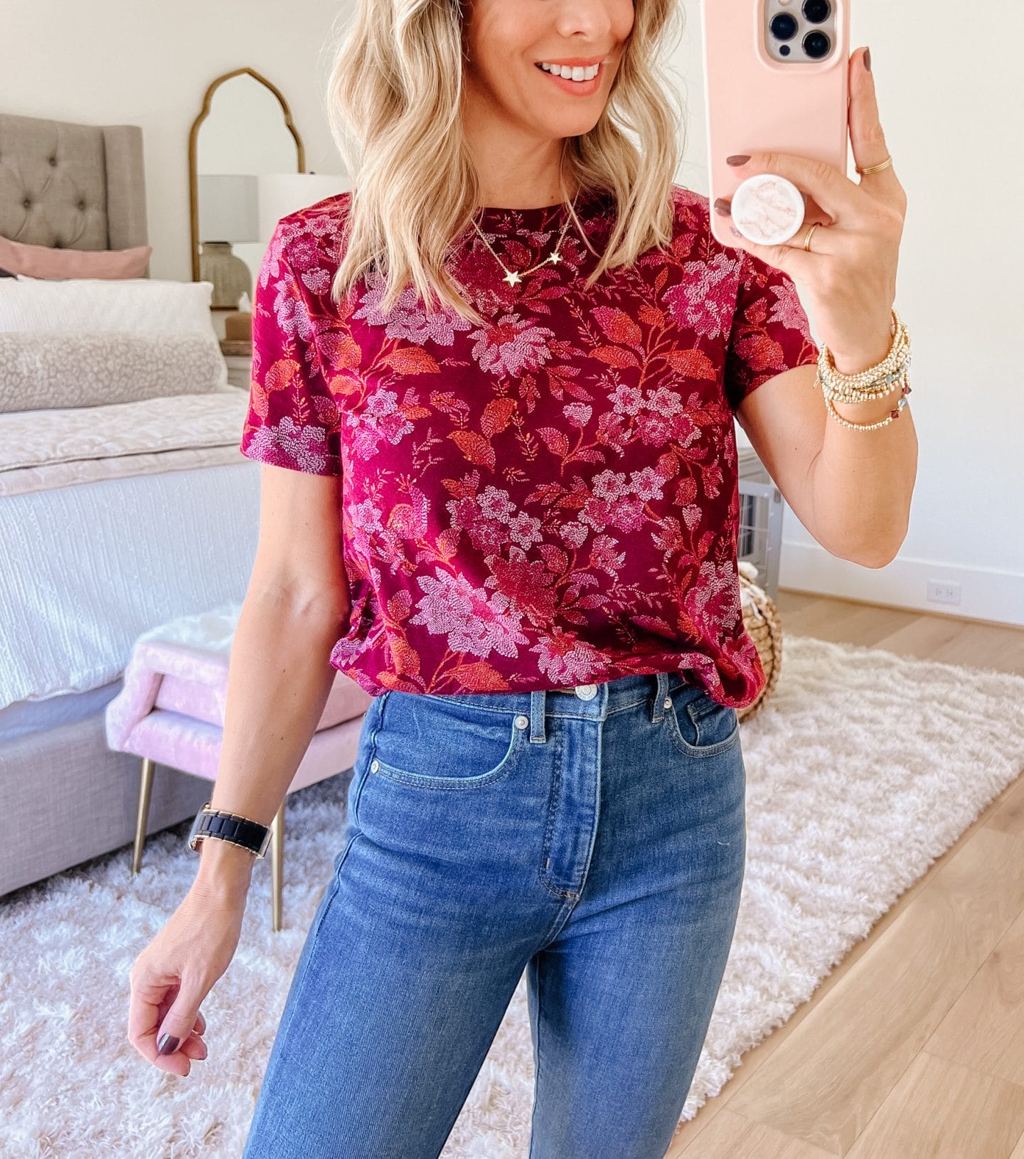 Floral Tee, Jeans, Mules 