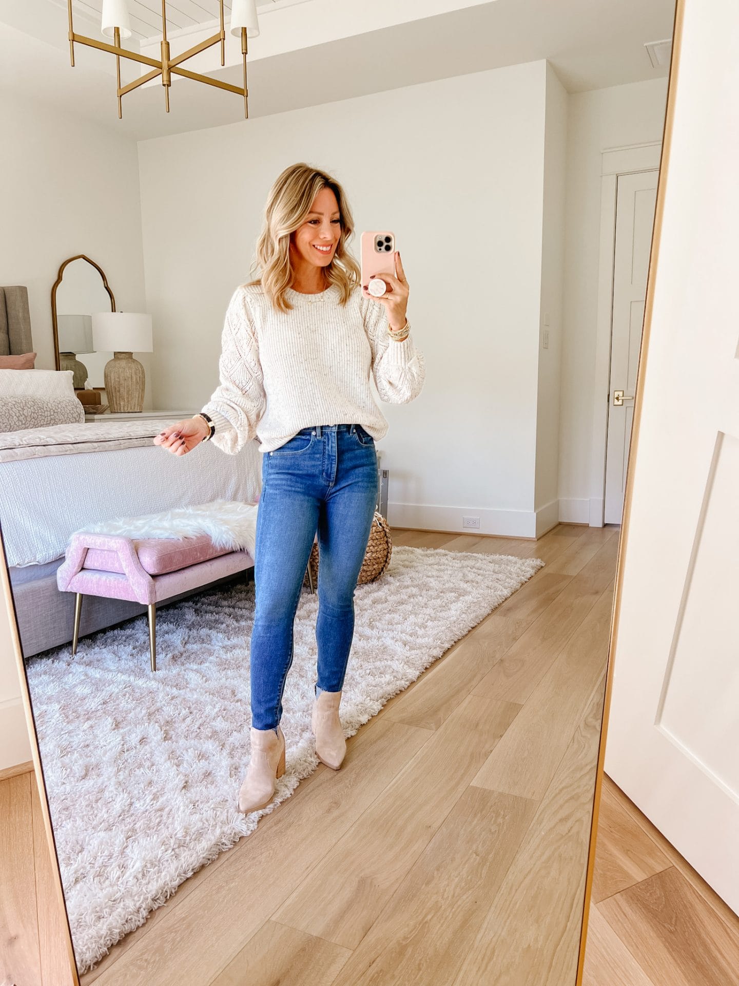 Puff Sleeve Fleck Sweater, Jeans, Booties 