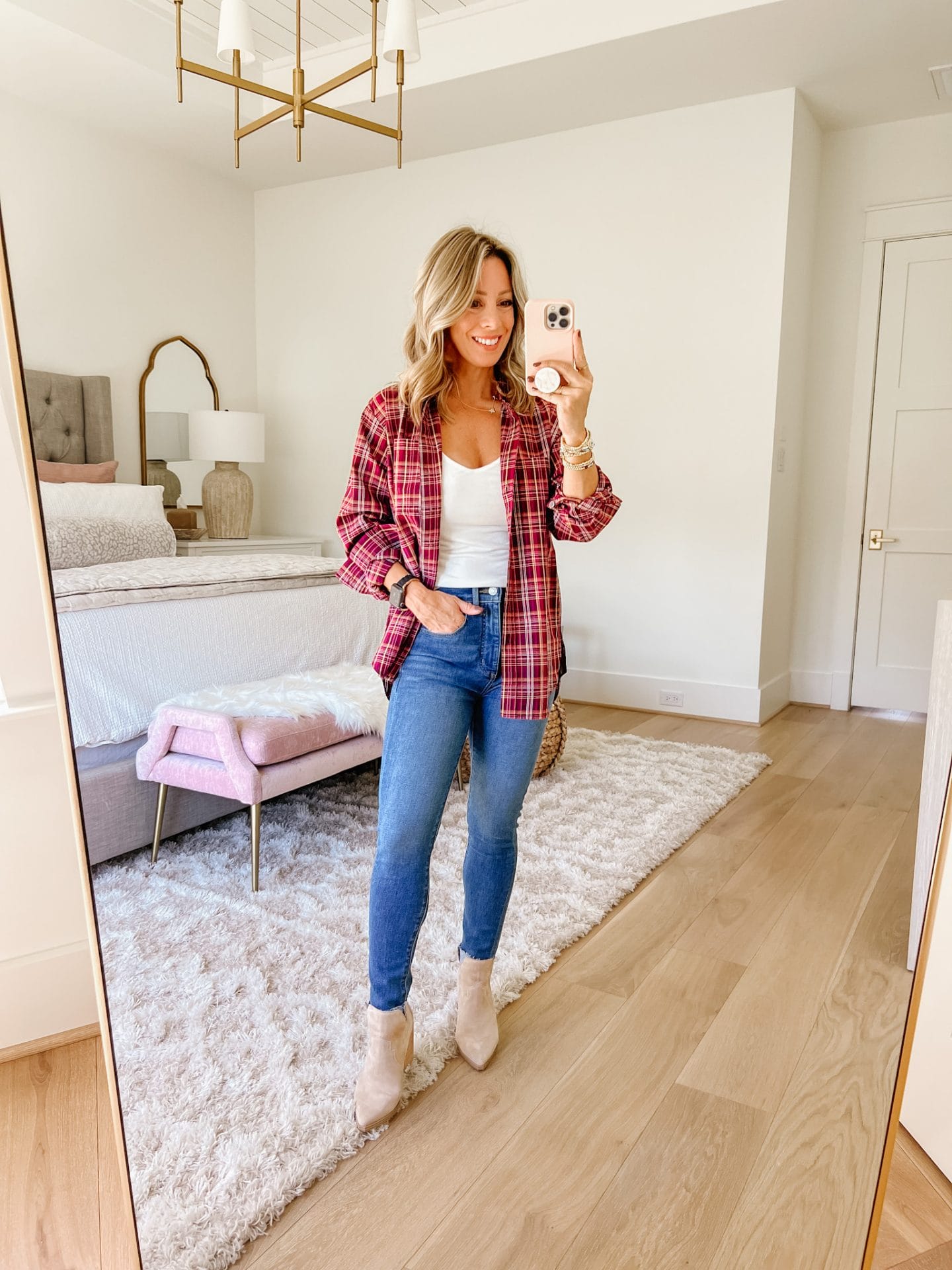 Plaid Button Down, Cami, Jeans, Booties 