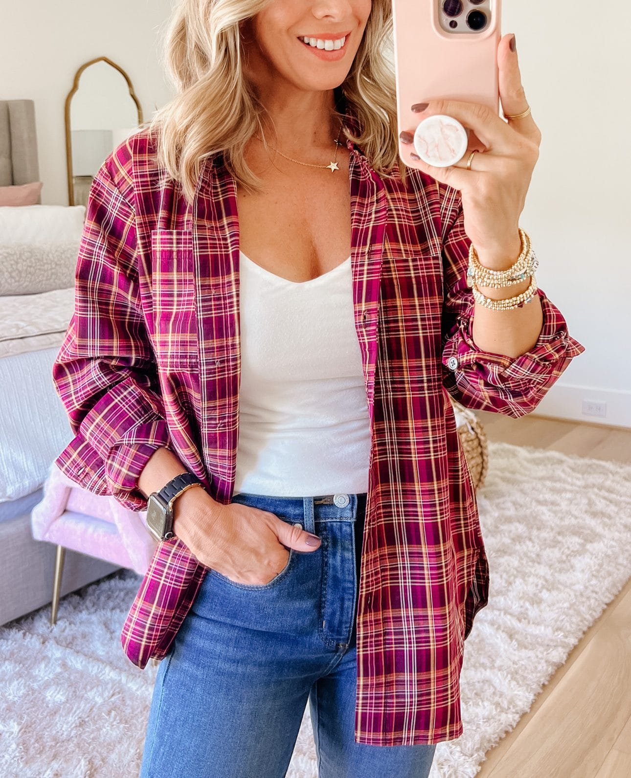 Plaid Button Down, Cami, Jeans, Booties 