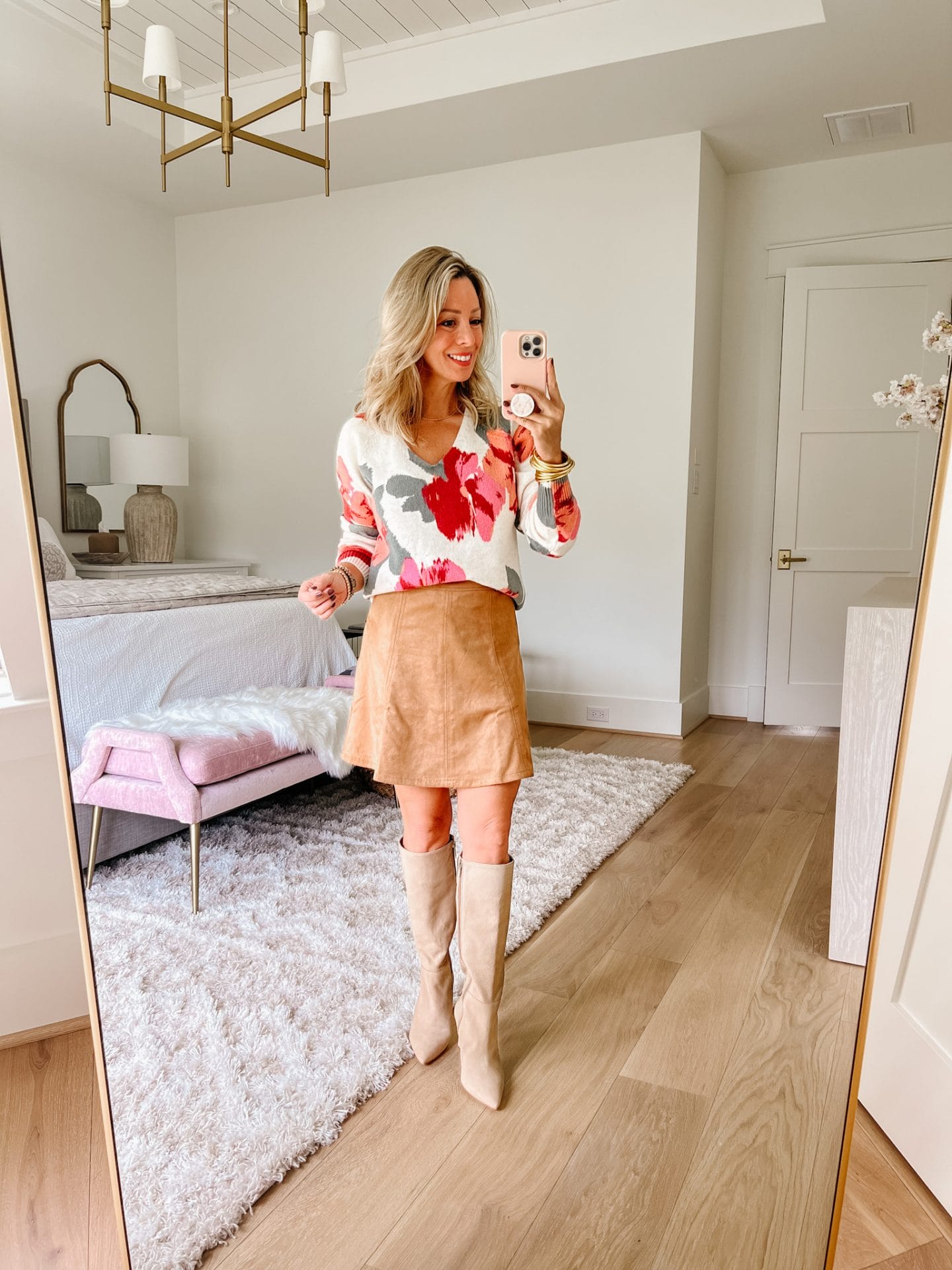 Floral Sweater, Suede Skirt, Boots 