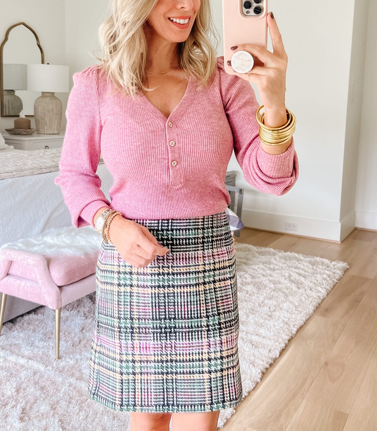 Pink Ribbed Sweater, Plaid Skirt, heels 