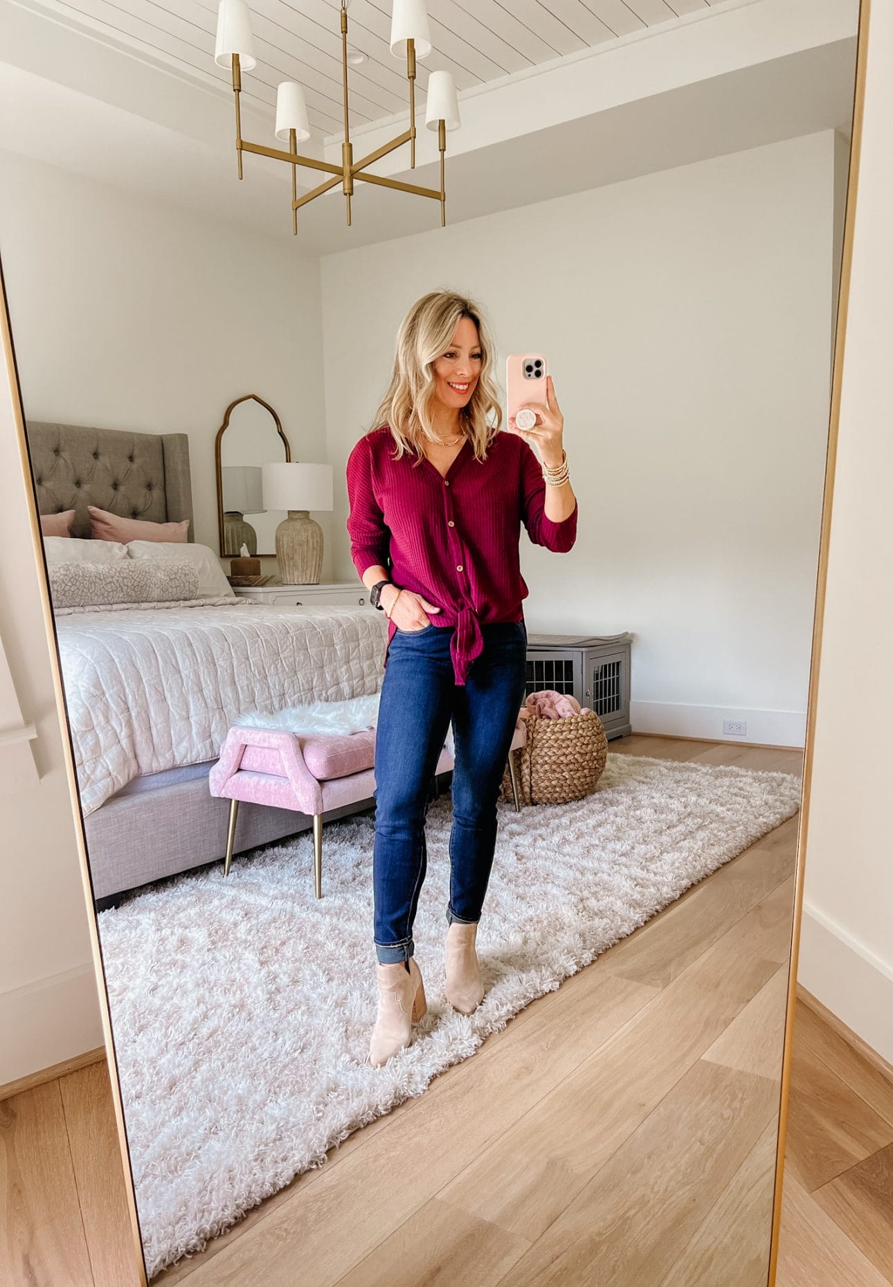 Tie Front Waffle Knit Henley Top, Jeans, Booties 