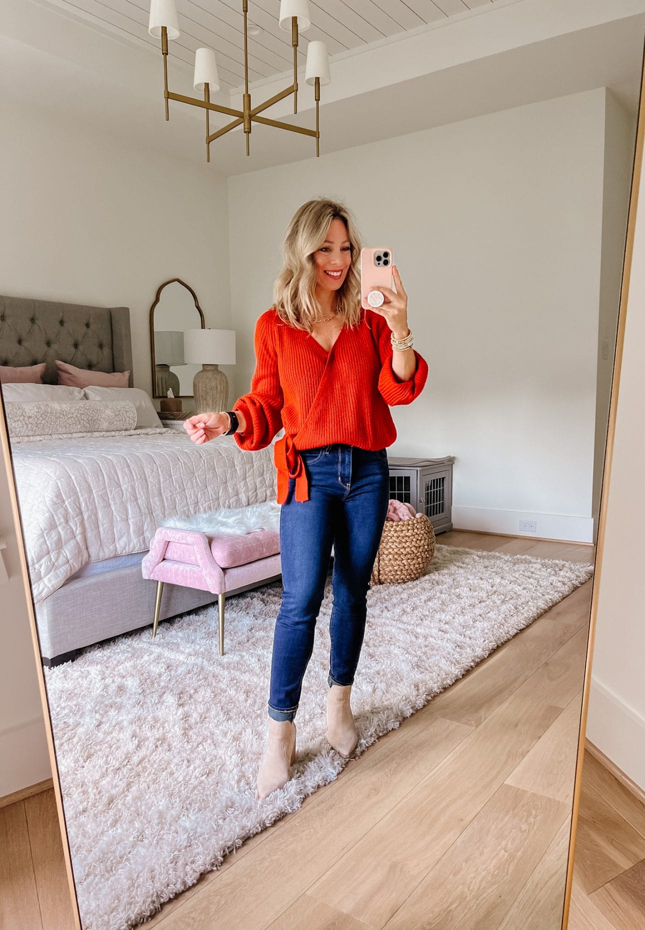 Side Tie V Neck Sweater, Jeans, Booties 