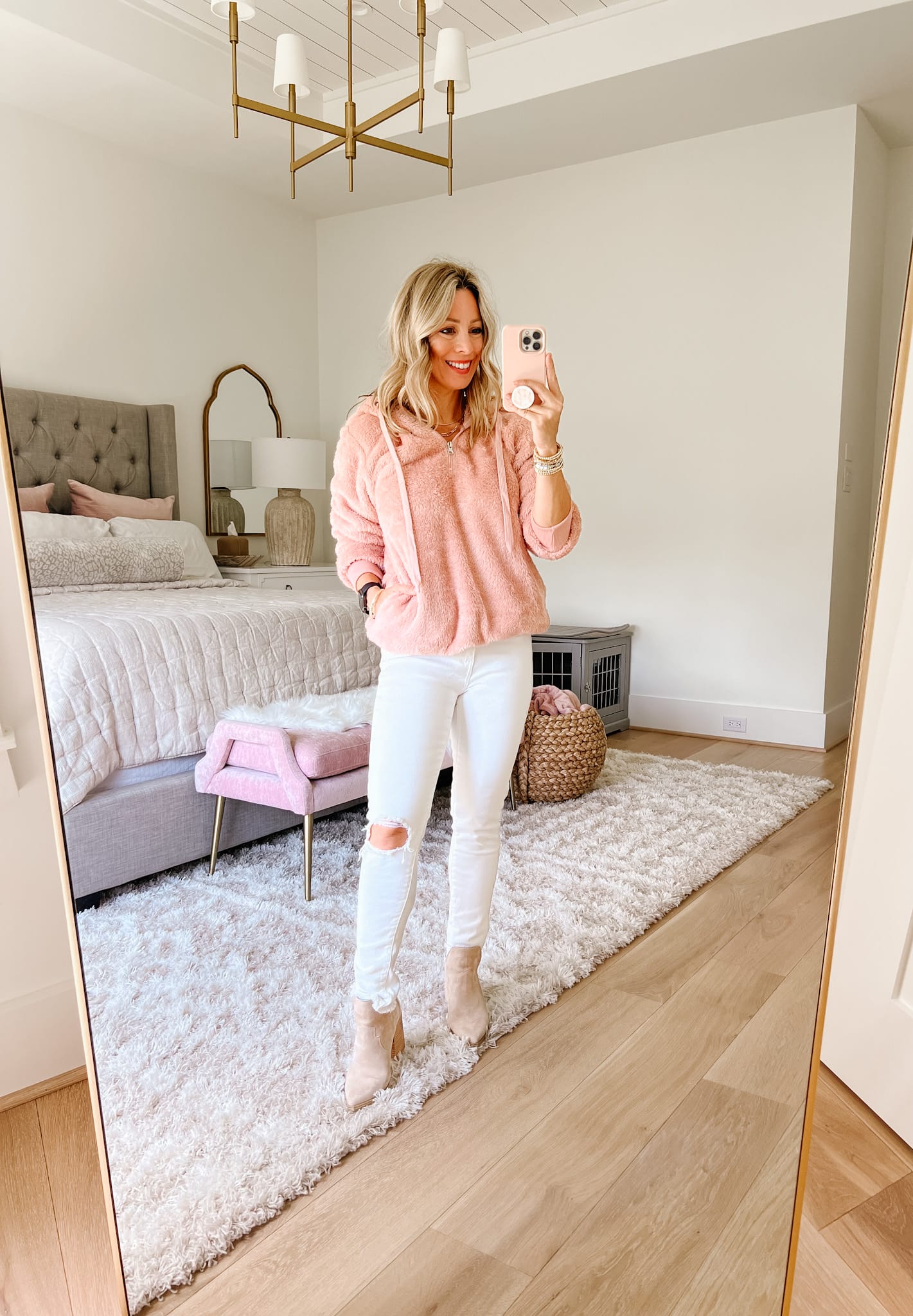 Pink Plush Pullover, White Denim Jeans, Booties 