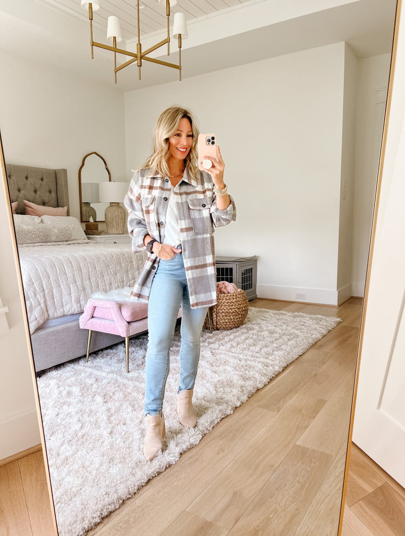 Cami, Plaid Shacket, Jeans, Booties 