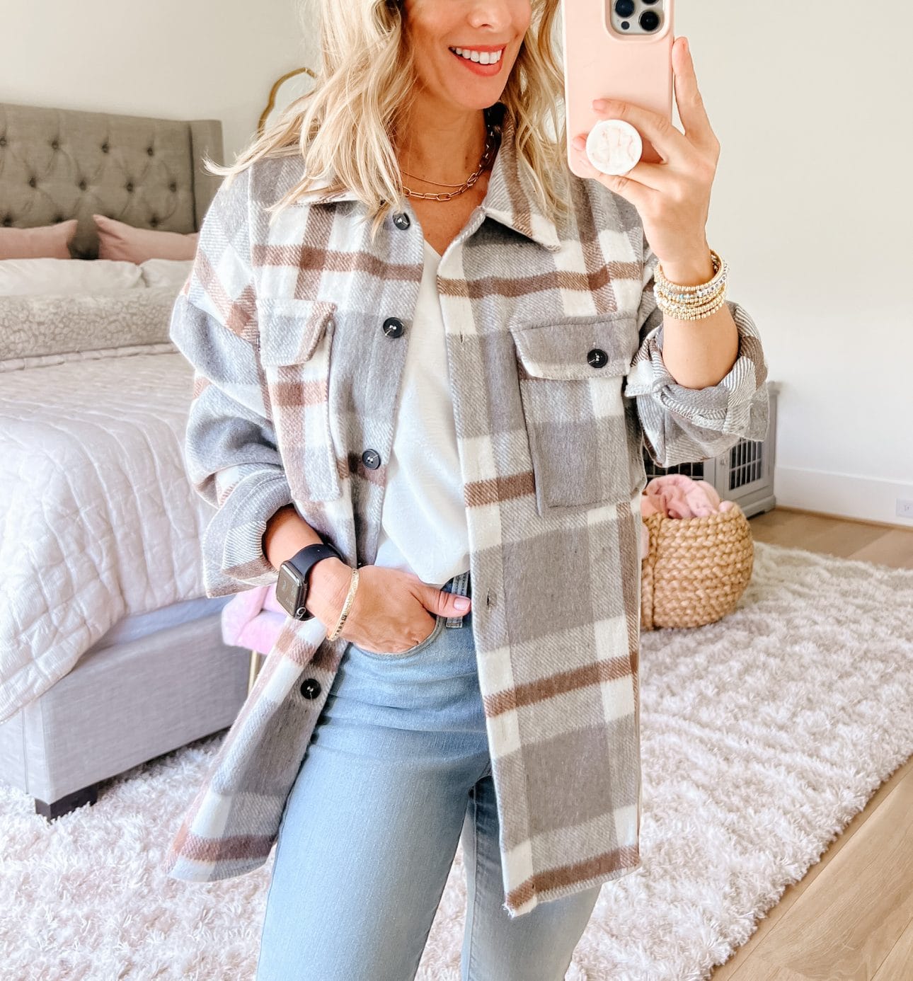Cami, Plaid Shacket, Jeans, Booties 