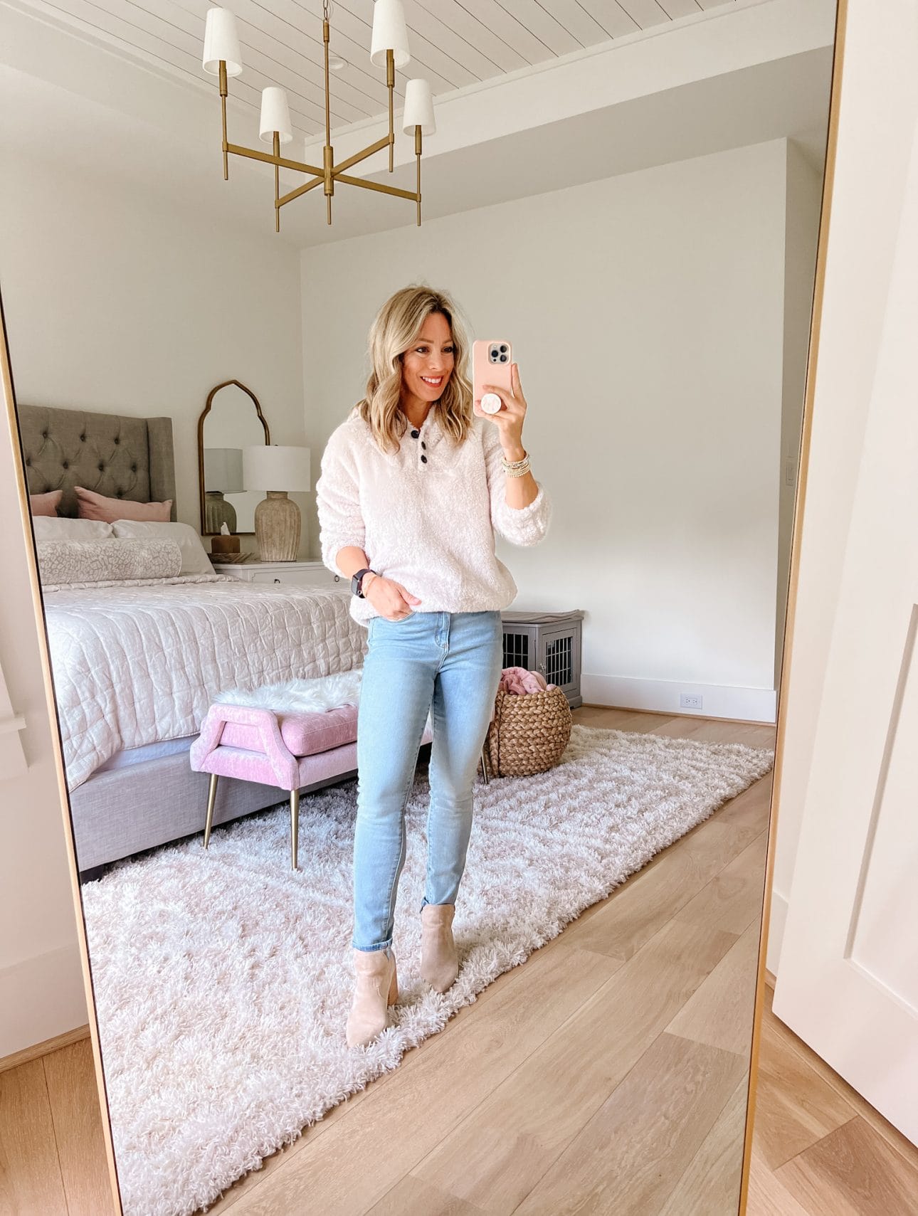 Plush Pullover, Jeans, Booties 