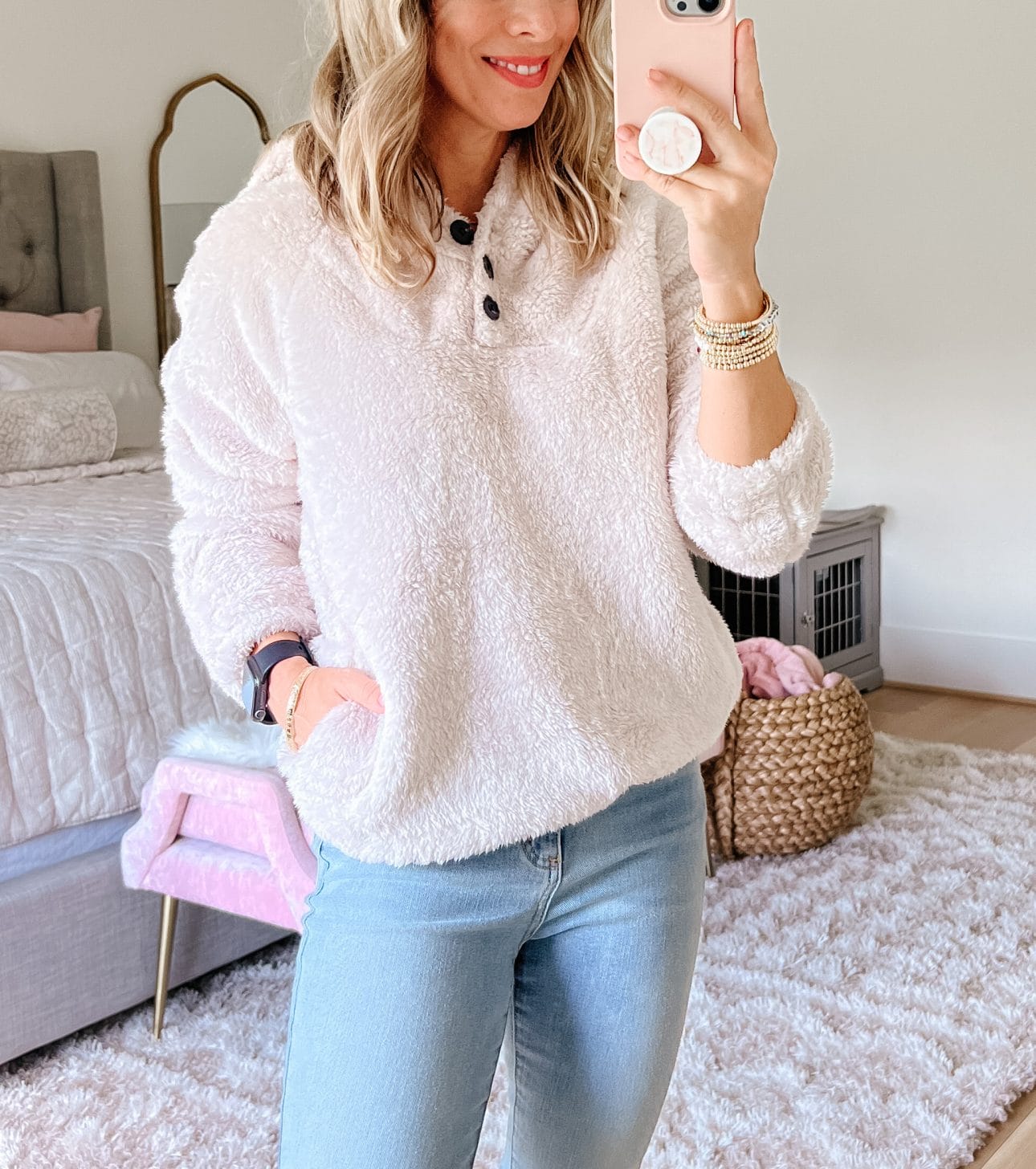 Plush Pullover, Jeans, Booties 