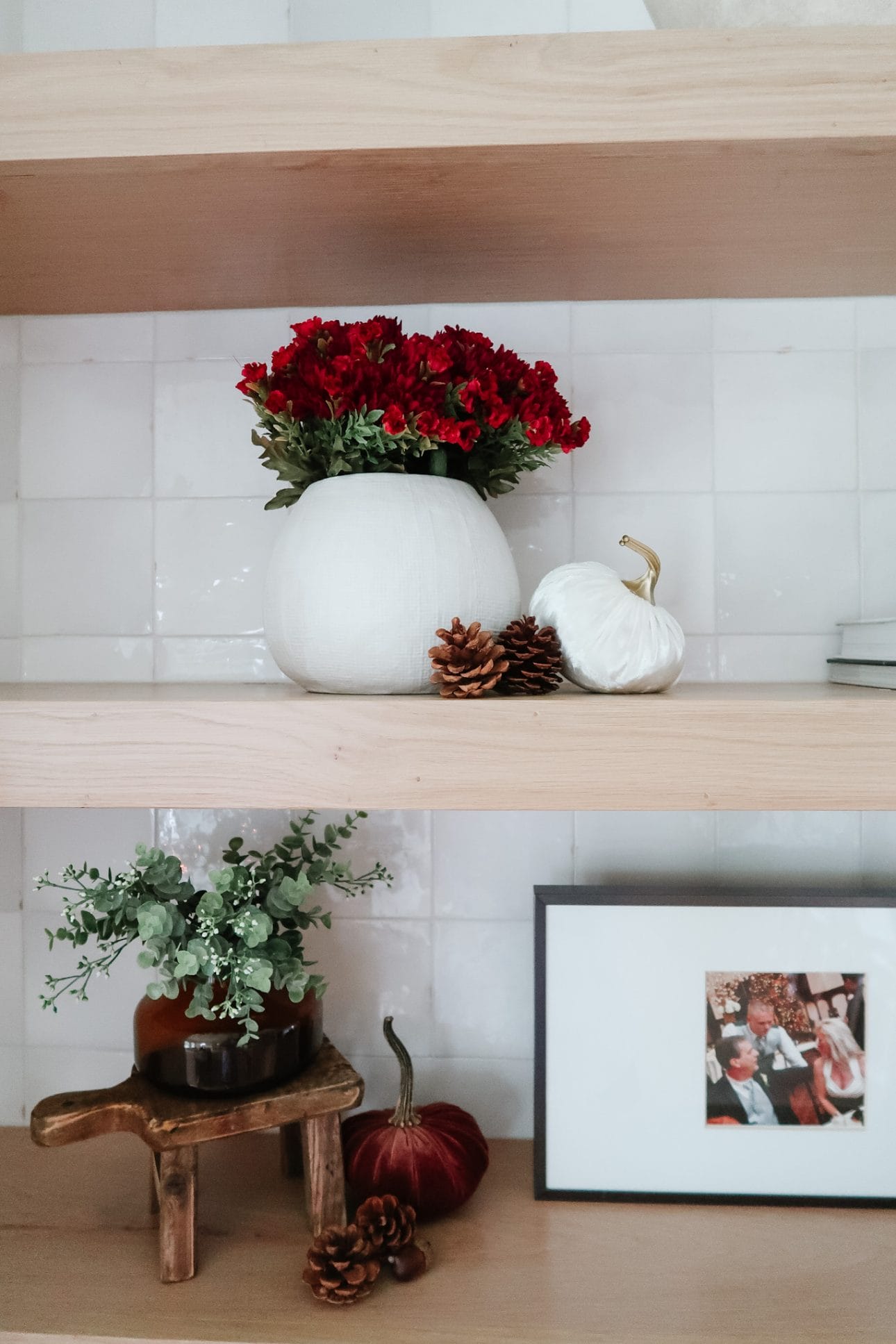 White Vase with Red Flowers, Pumpkins, Riser 