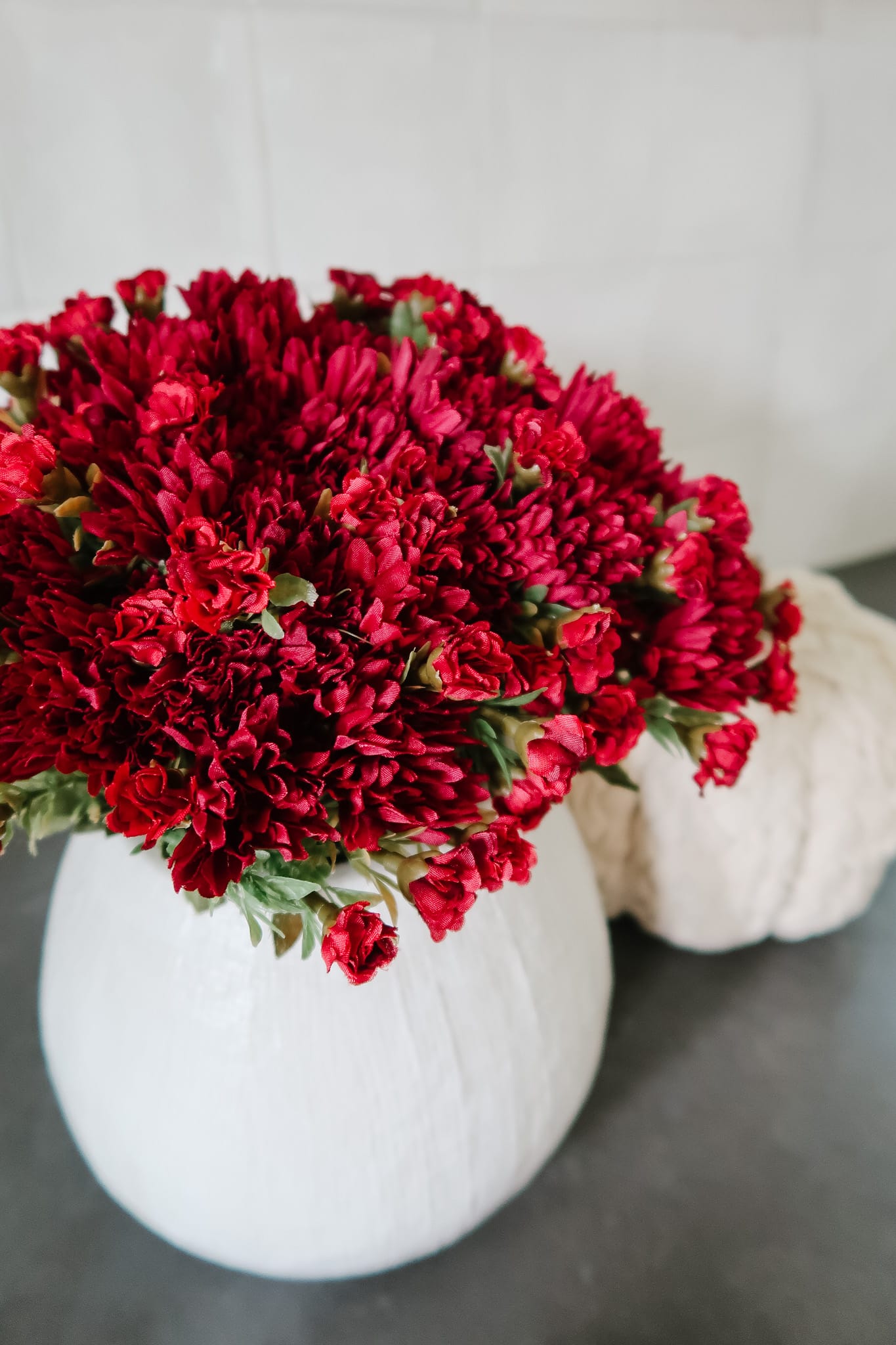 Red Faux Flowers, White vase 