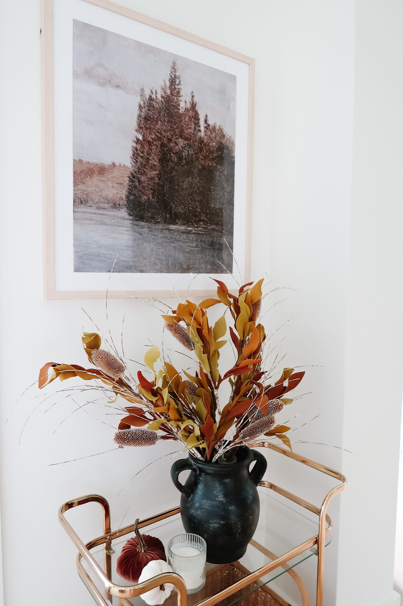 Art Work, Fall Floral, Black Vase, Pumpkins 