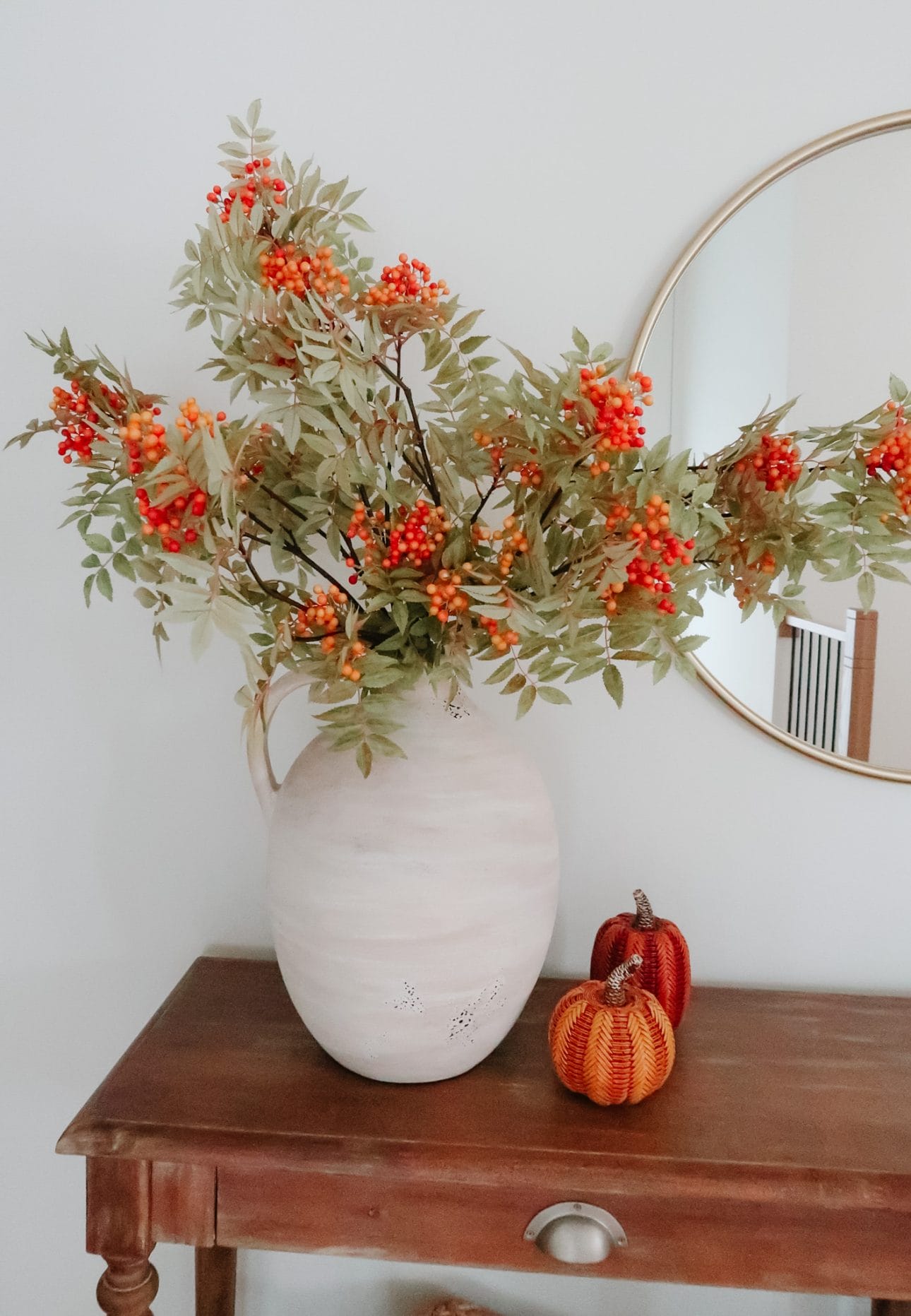White Vase, Faux Filler, Pumpkins 