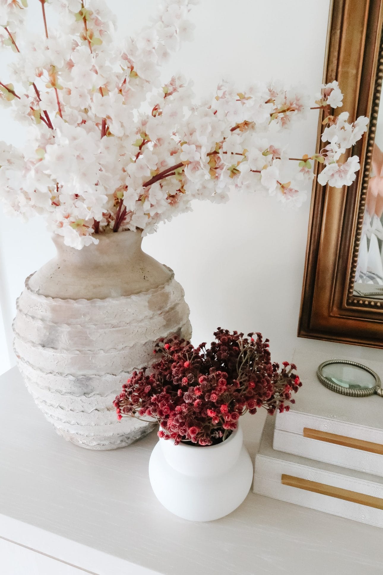White Vase, Faux Flowers, Linen Boxes 