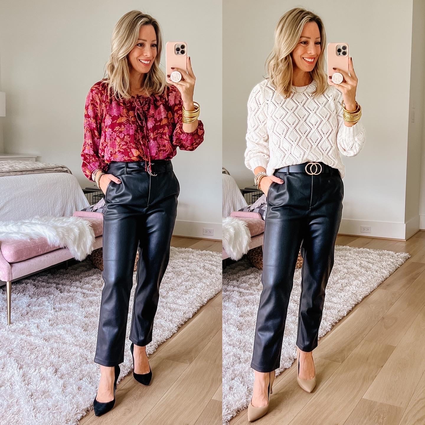 Red Blouse, Swater, Faux Leather pants, Heels