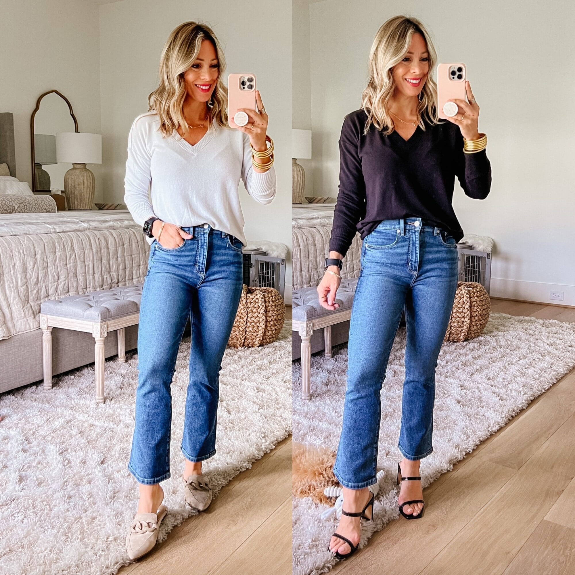 V Neck Sweater, Jeans, Mules, Sandals 