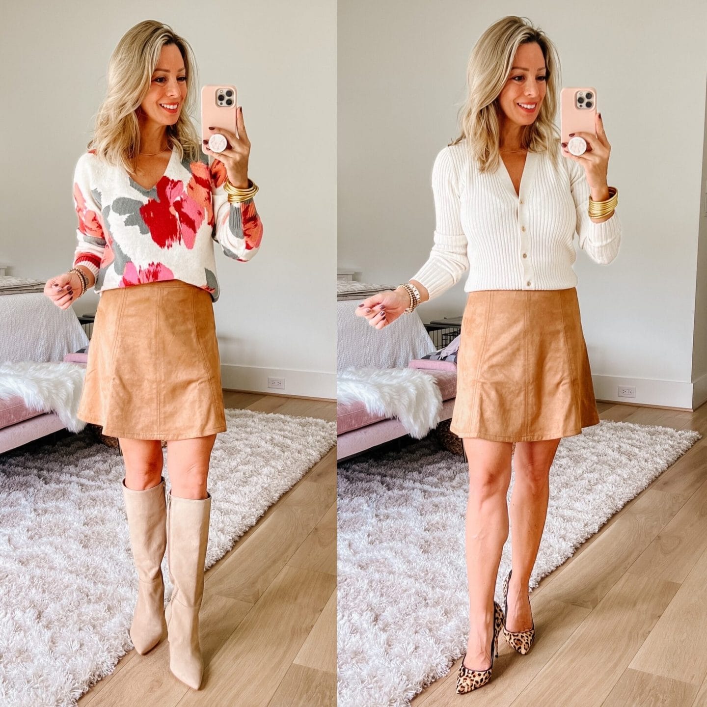 Floral sweater, Suede Skirt, Boots, Heels, cardigan 