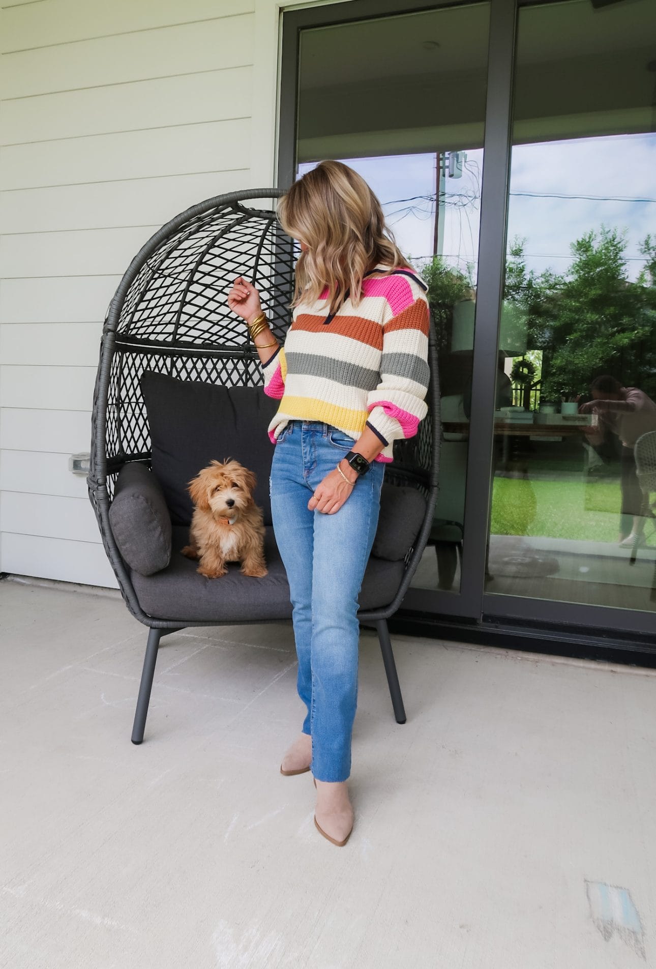 Striped Sweater, Jeans, Booties 