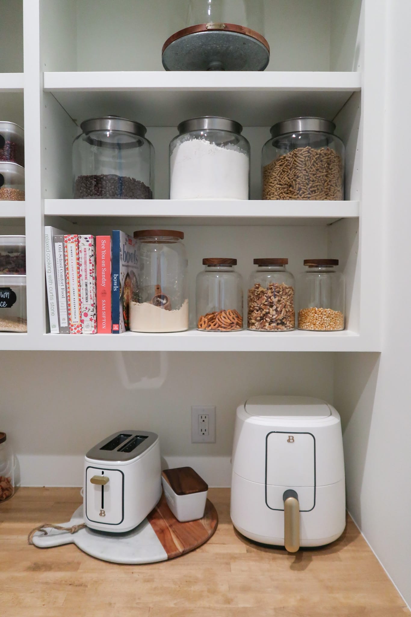 Pantry Organization, Cereal Containers, Glass Jars, Woven Baskets, Cookbooks 