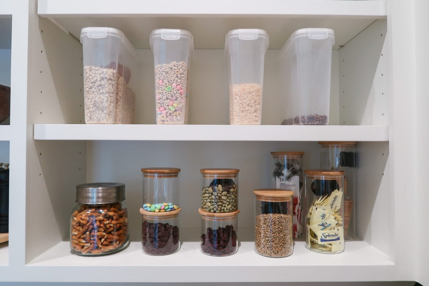 Pantry Organization, Cereal Containers, Glass Jars, Woven Baskets, Cookbooks 