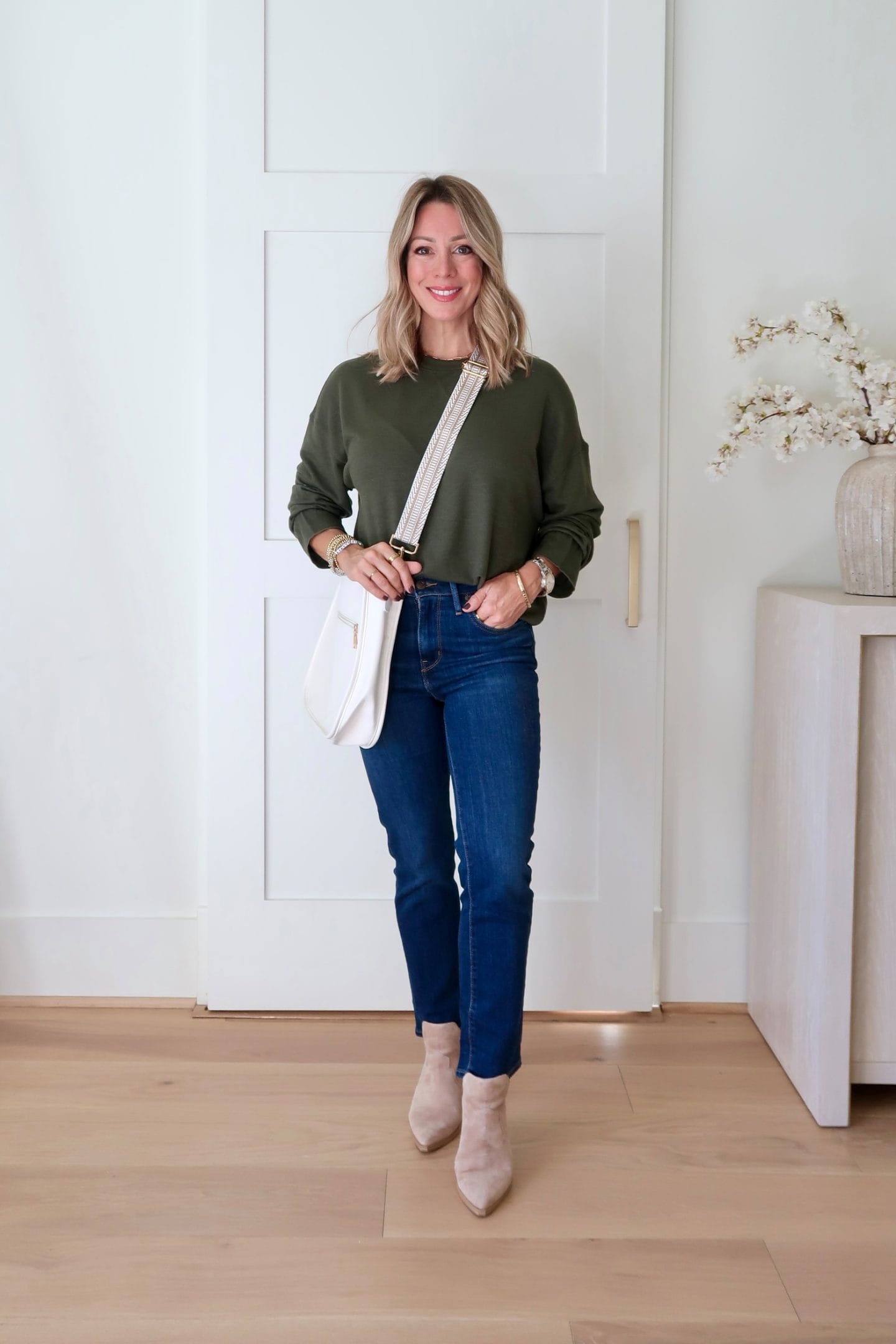 Olive Green Top, Jeans, Booties 