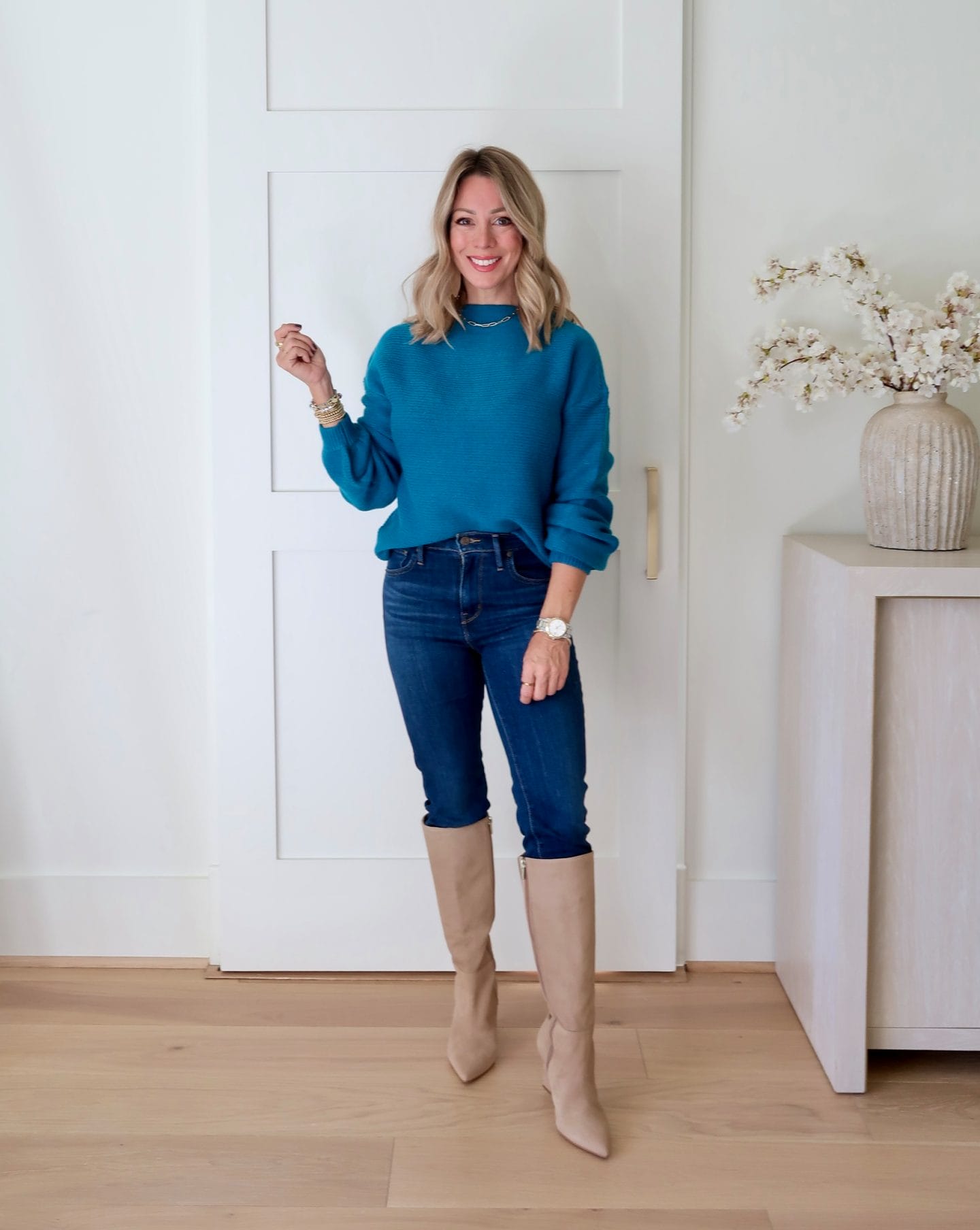 Sweater, Jeans, Knee High Boots