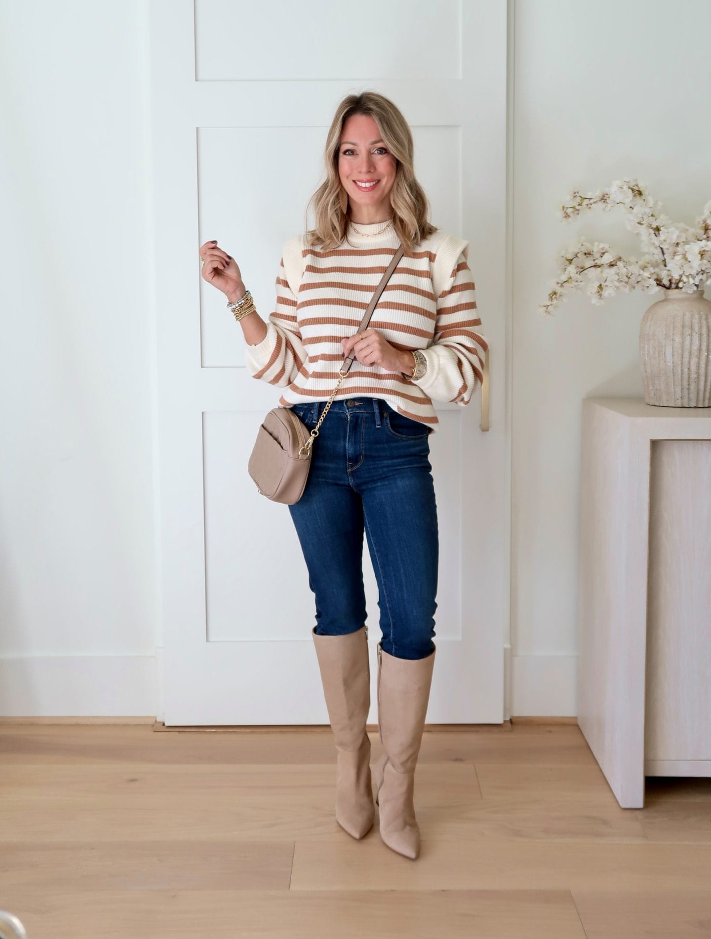 Striped Sweater, Jeans, Boots, Crossbody 