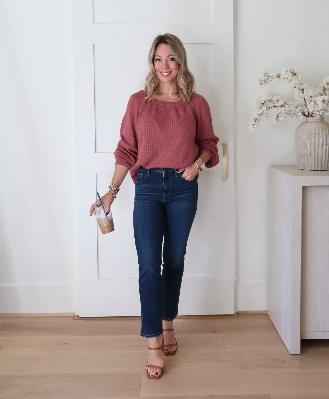 Waffle Knit Square Neck Top, Jeans, Heels