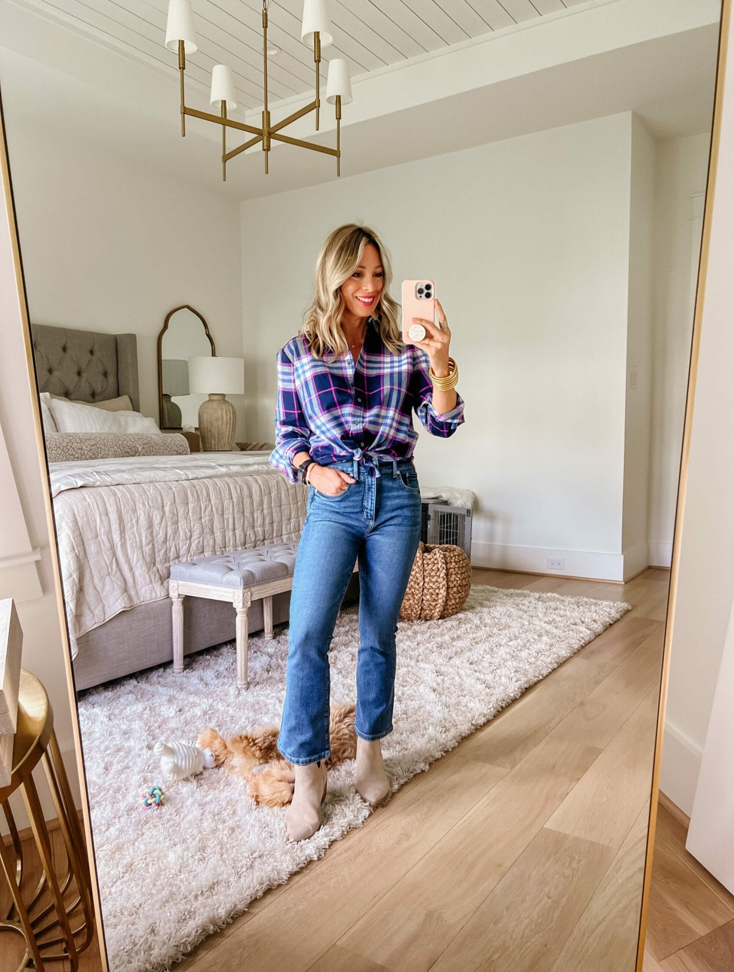 Plaid Top, Jeans, Booties 