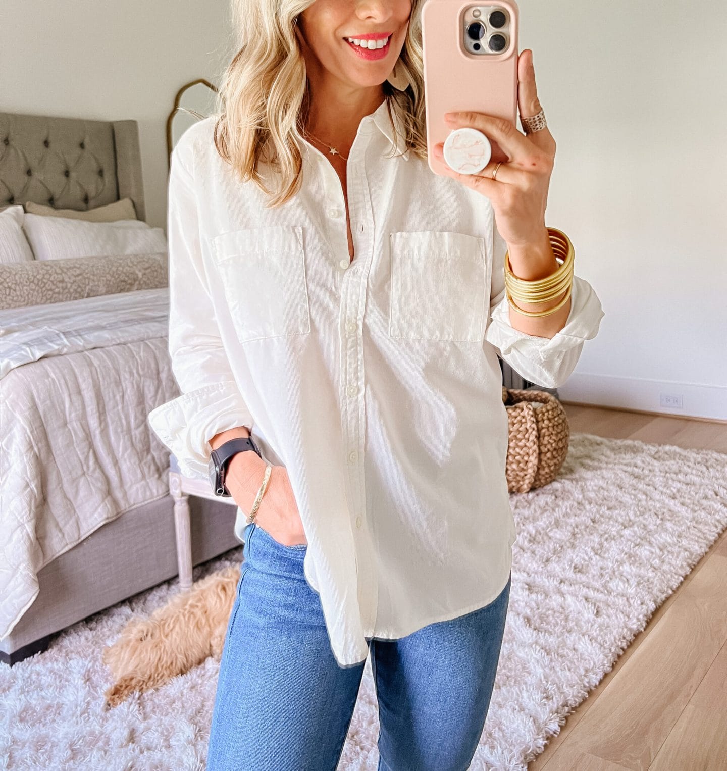 Button Down Top, Jeans, Booties 